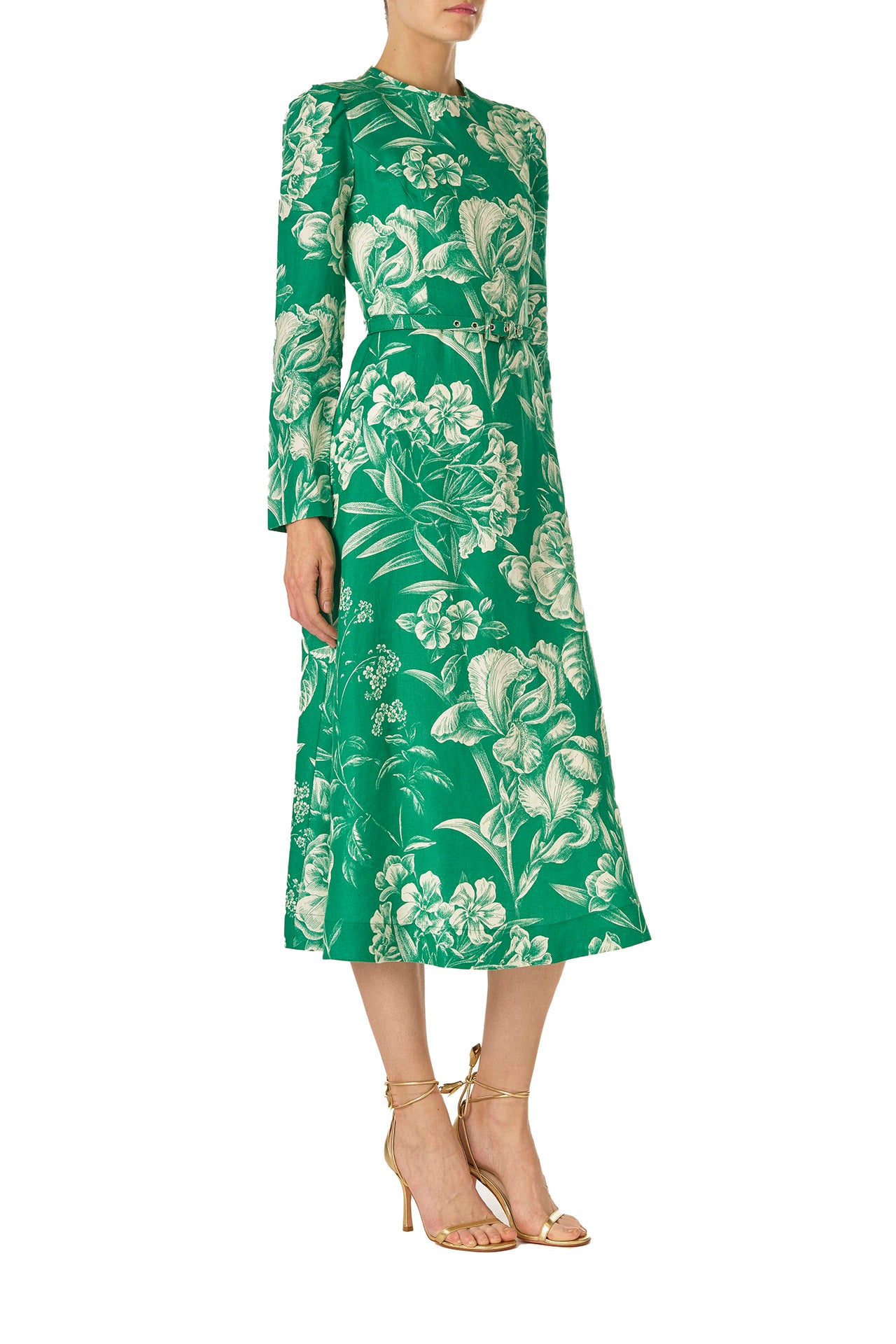 Monique Lhuillier Spring 2025 Floral toile printed linen long sleeve day dress with jewel neckline and circular skirt in grass silk white color - right side.