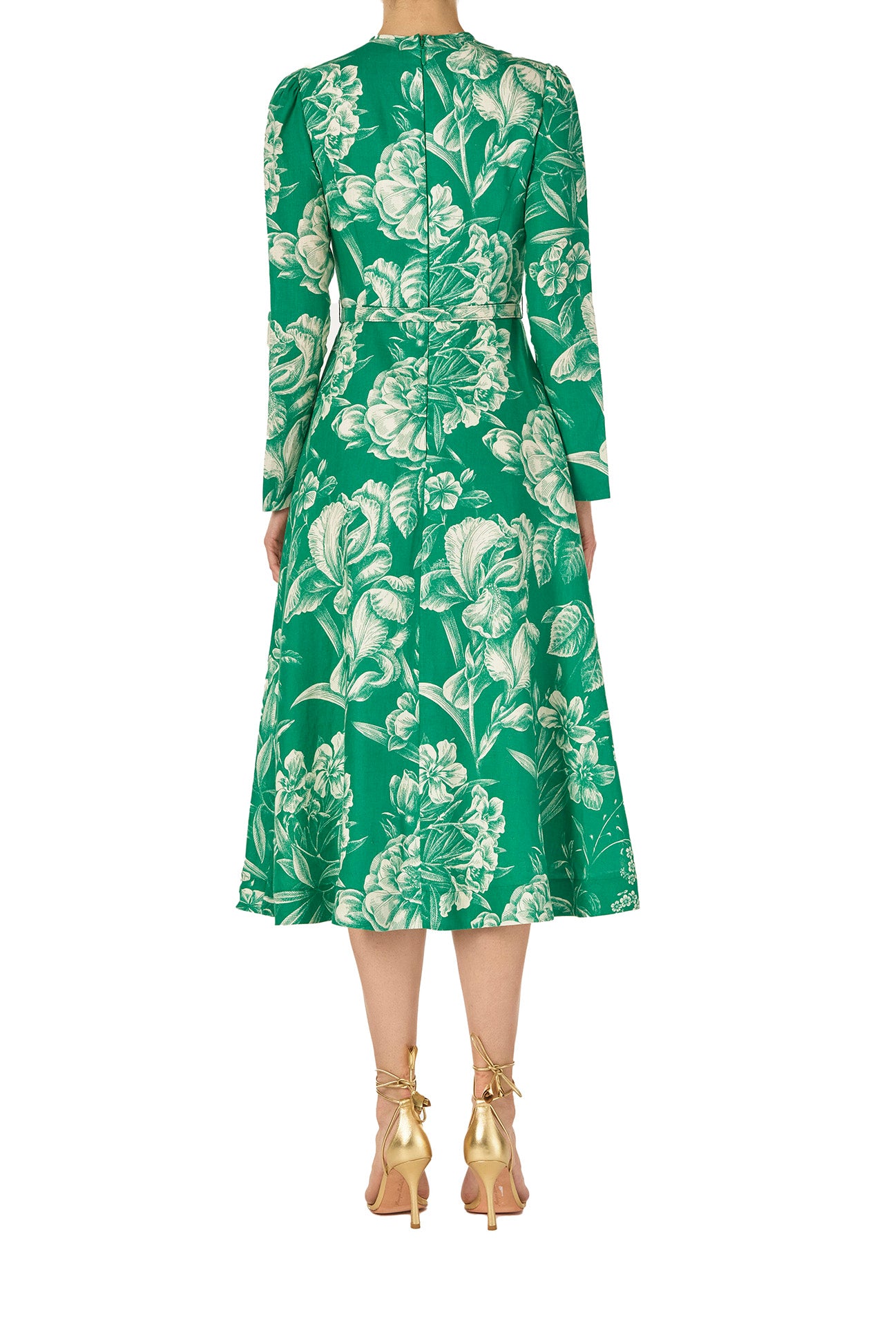 Monique Lhuillier Spring 2025 Floral toile printed linen long sleeve day dress with jewel neckline and circular skirt in grass silk white color - back.