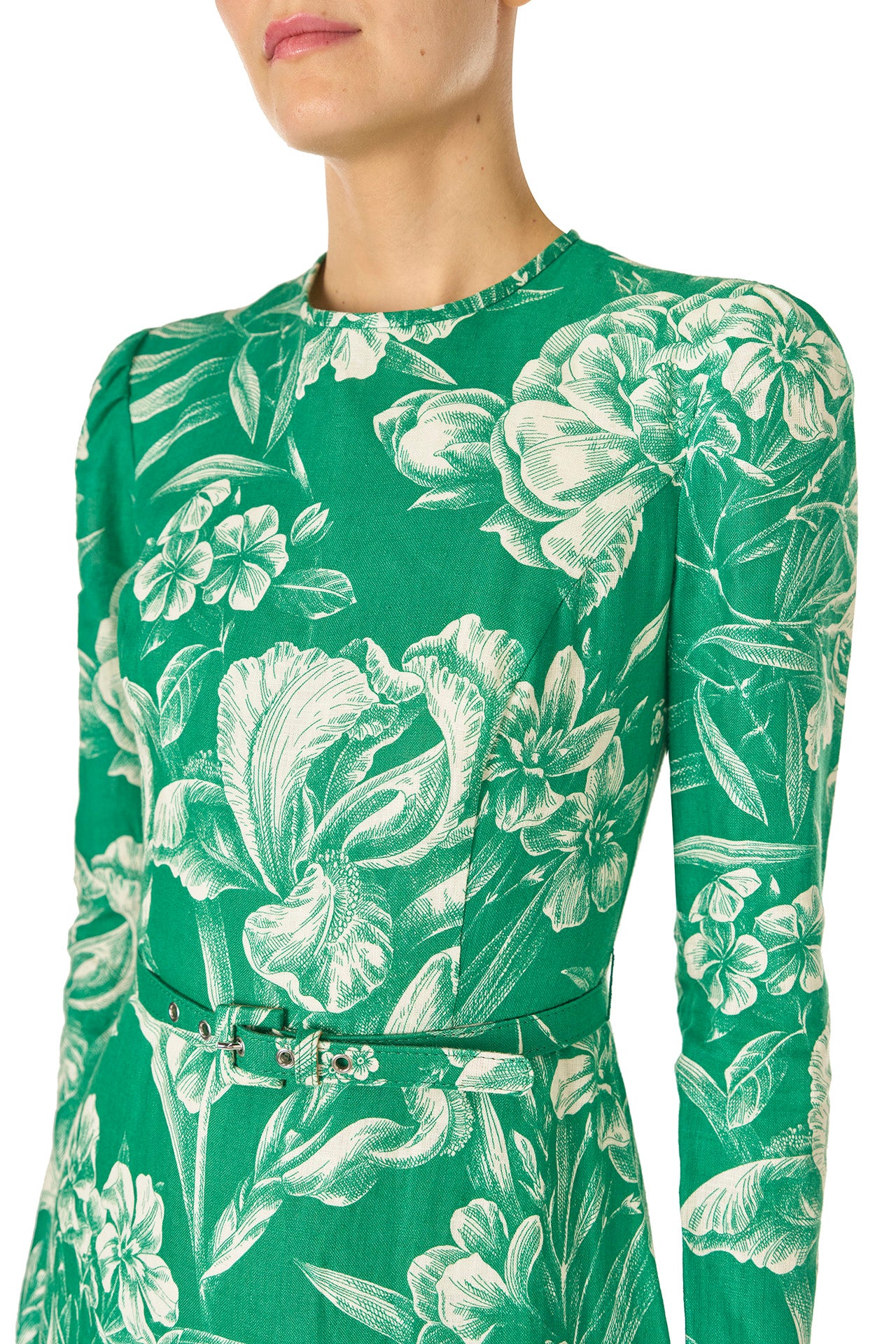 Monique Lhuillier Spring 2025 Floral toile printed linen long sleeve day dress with jewel neckline and circular skirt in grass silk white color - fabric.