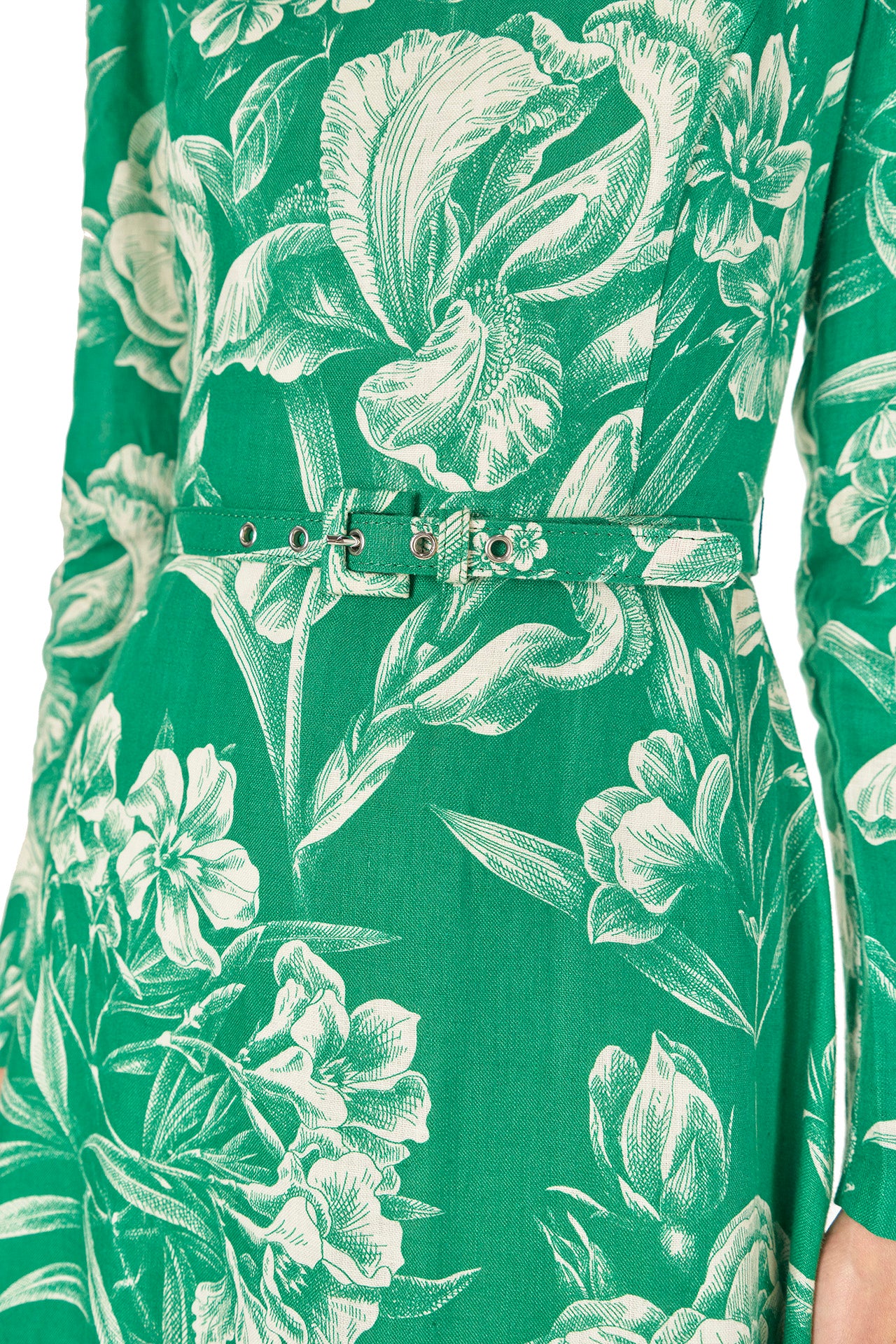 Monique Lhuillier Spring 2025 Floral toile printed linen long sleeve day dress with jewel neckline and circular skirt in grass silk white color - belt.