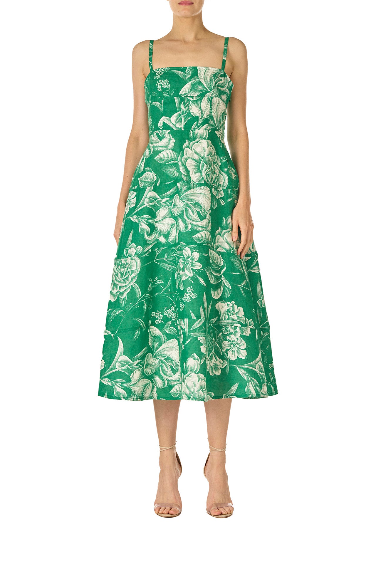 Monique Lhuillier Spring 2025 Grass & silk white floral toile printed linen tailored day dress with spaghetti straps - front.
