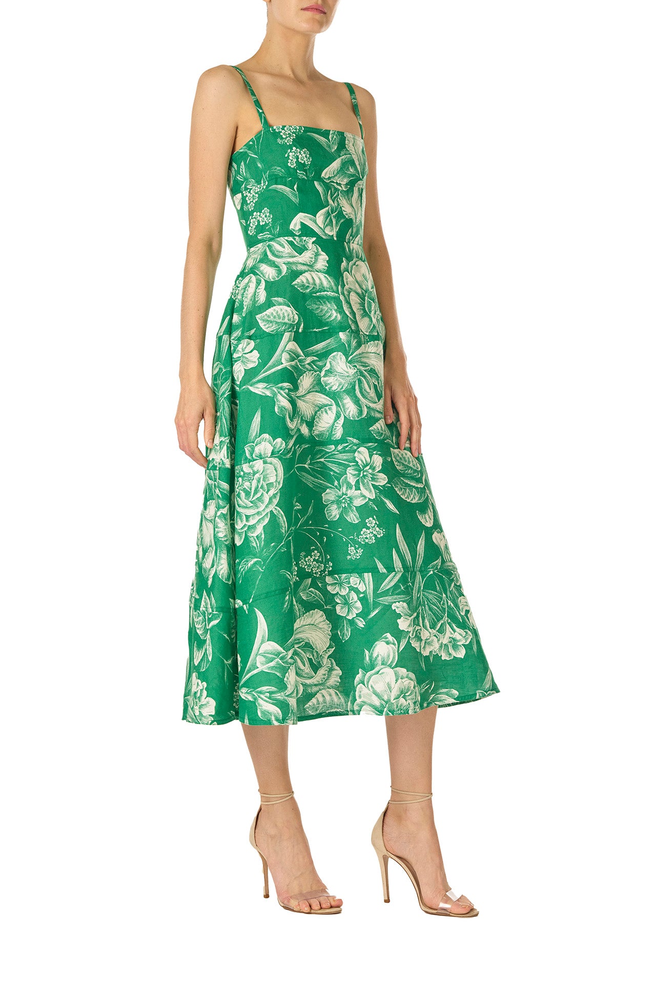 Monique Lhuillier Spring 2025 Grass & silk white floral toile printed linen tailored day dress with spaghetti straps - right side.