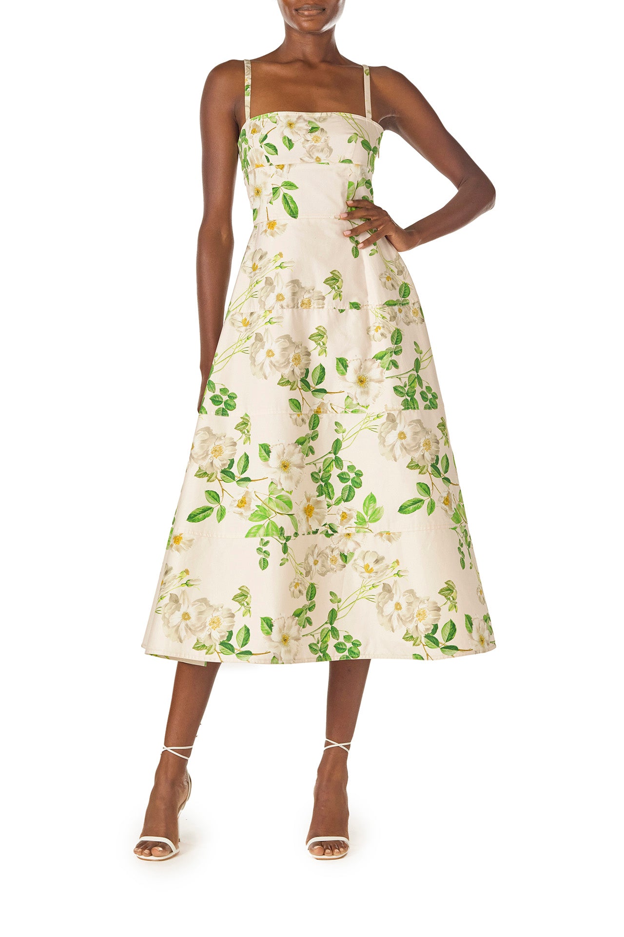 Monique Lhuillier Spring 2025 Rose printed cotton poplin tailored day dress with spaghetti straps - front.