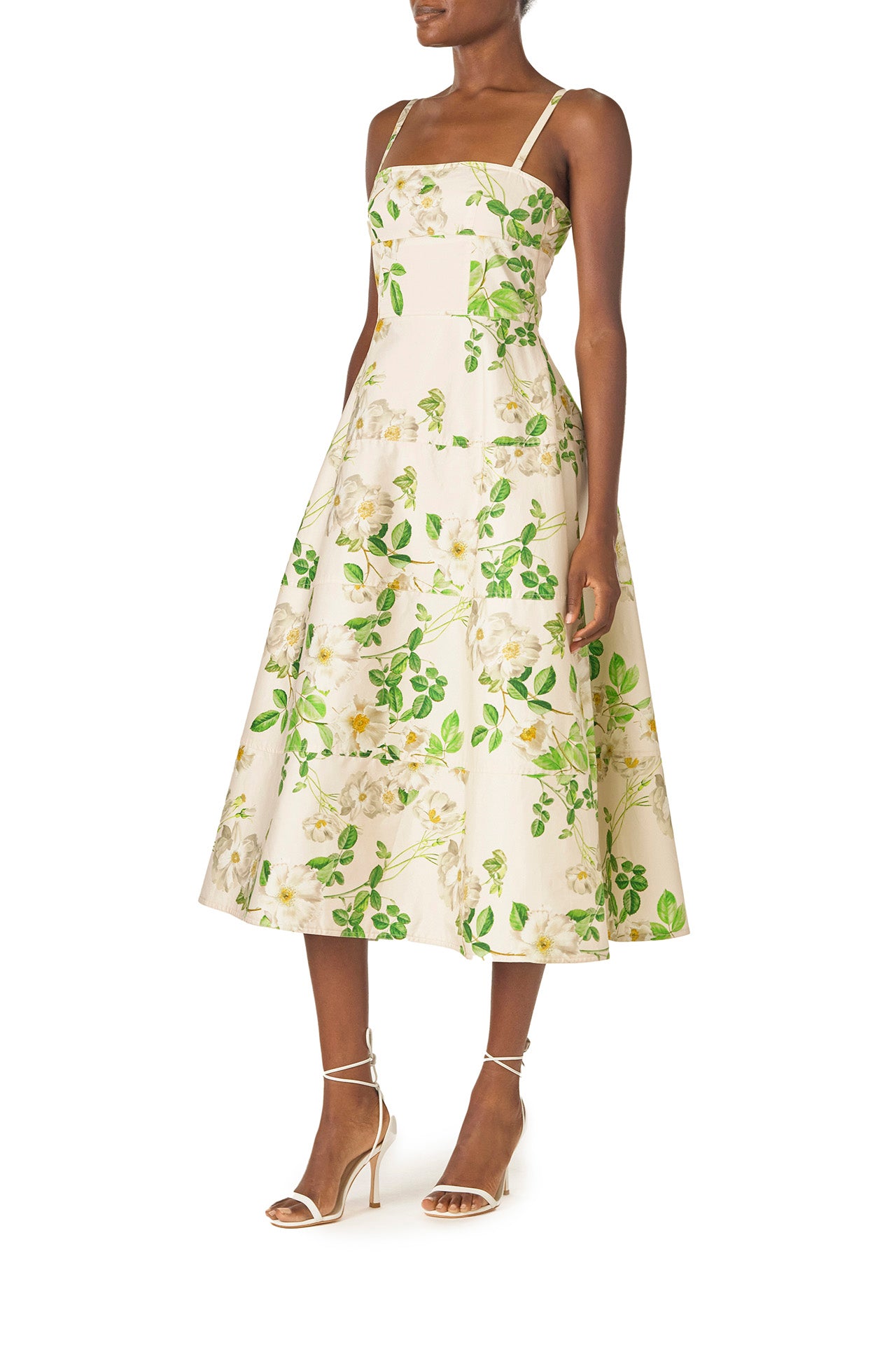 Monique Lhuillier Spring 2025 Rose printed cotton poplin tailored day dress with spaghetti straps - left side.