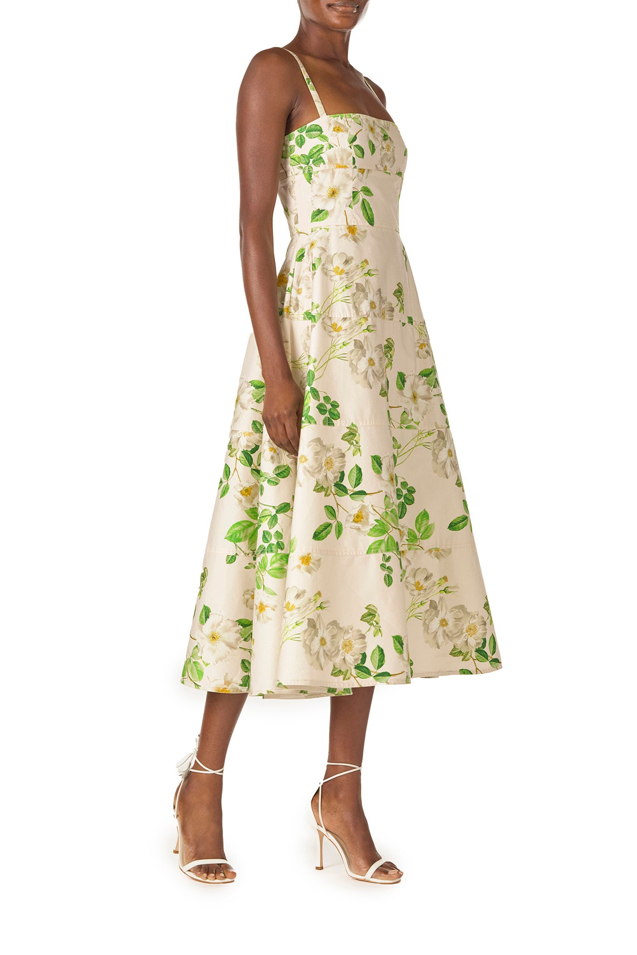 Monique Lhuillier Spring 2025 Rose printed cotton poplin tailored day dress with spaghetti straps - right side.