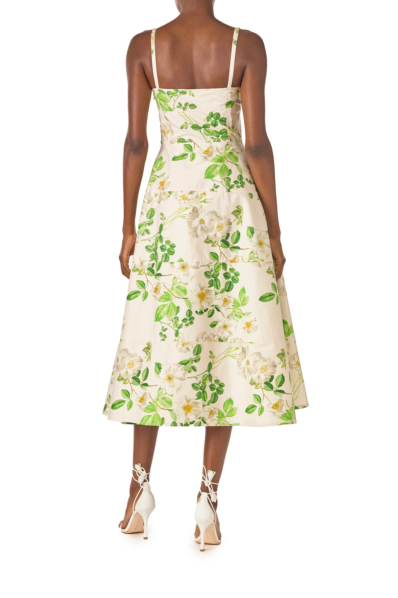 Monique Lhuillier Spring 2025 Rose printed cotton poplin tailored day dress with spaghetti straps - back.