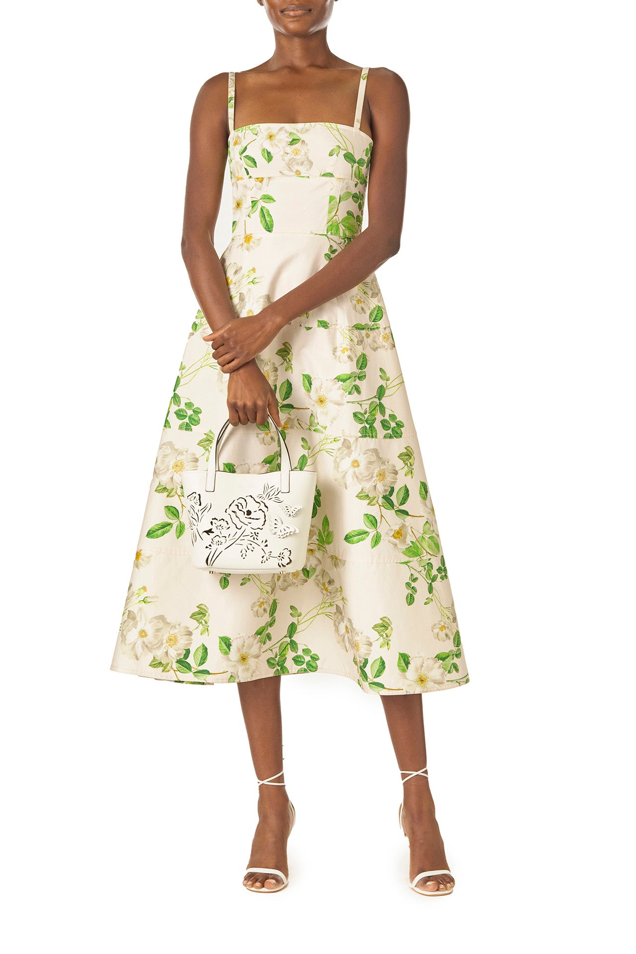 Monique Lhuillier Spring 2025 Rose printed cotton poplin tailored day dress with spaghetti straps - front with Colette tote.