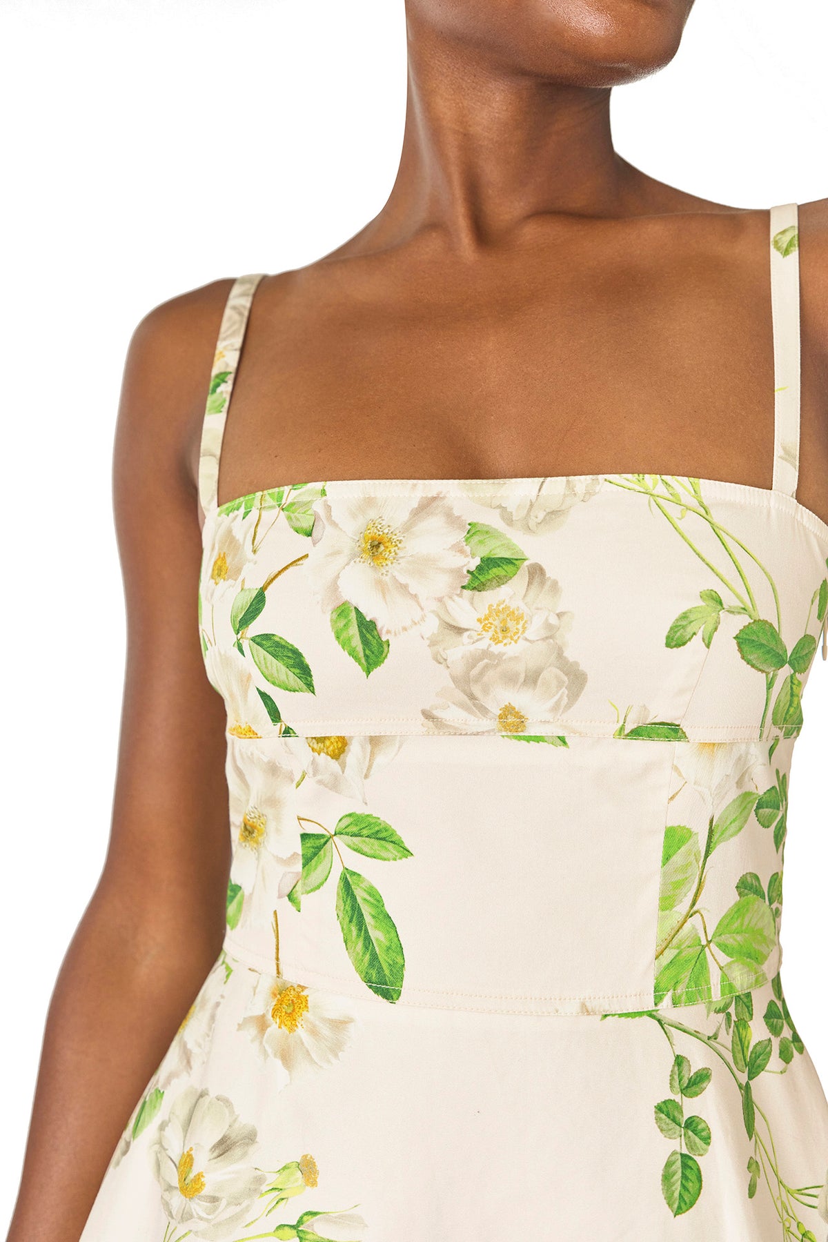 Monique Lhuillier Spring 2025 Rose printed cotton poplin tailored day dress with spaghetti straps - neckline.