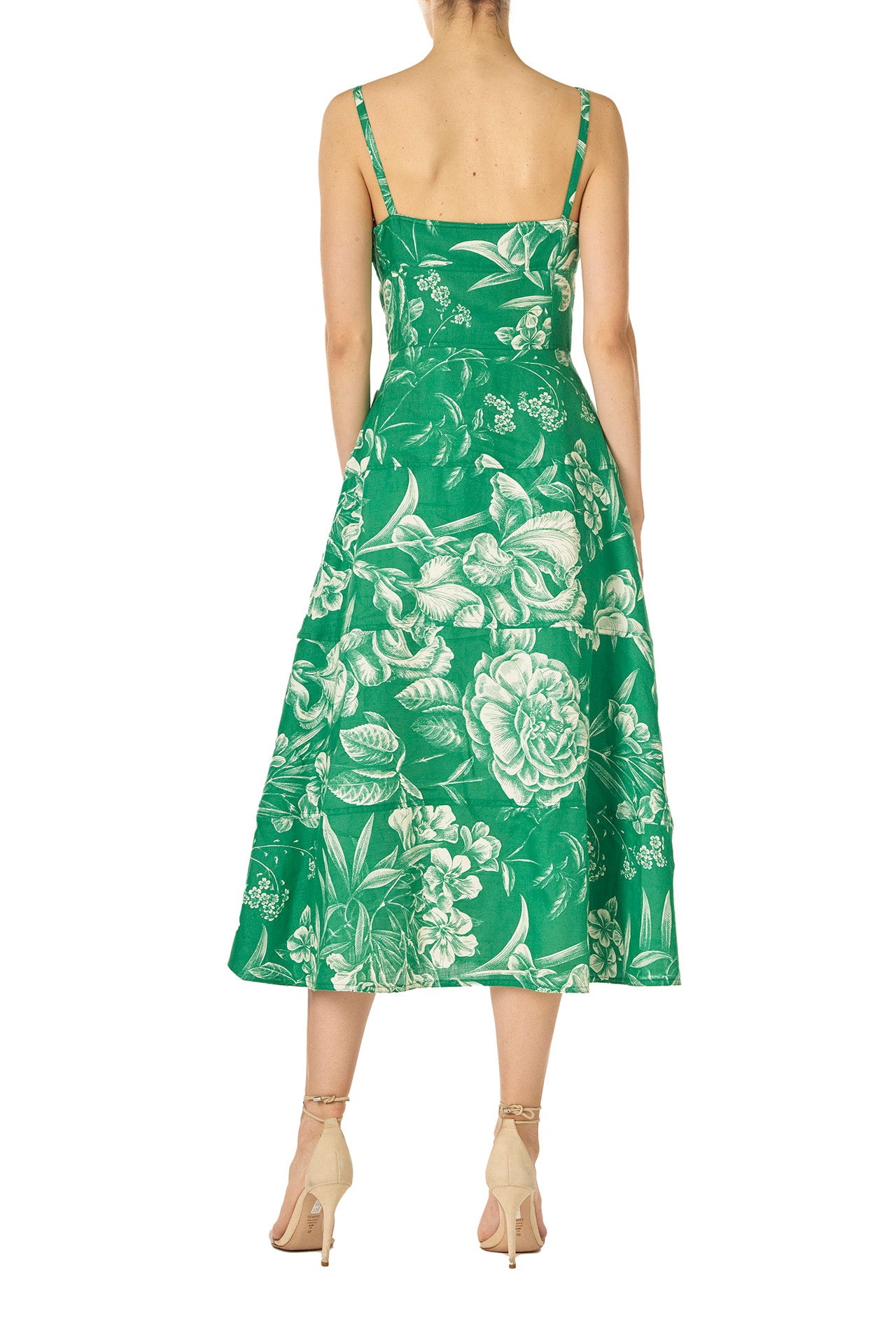 Monique Lhuillier Spring 2025 Grass & silk white floral toile printed linen tailored day dress with spaghetti straps - back.