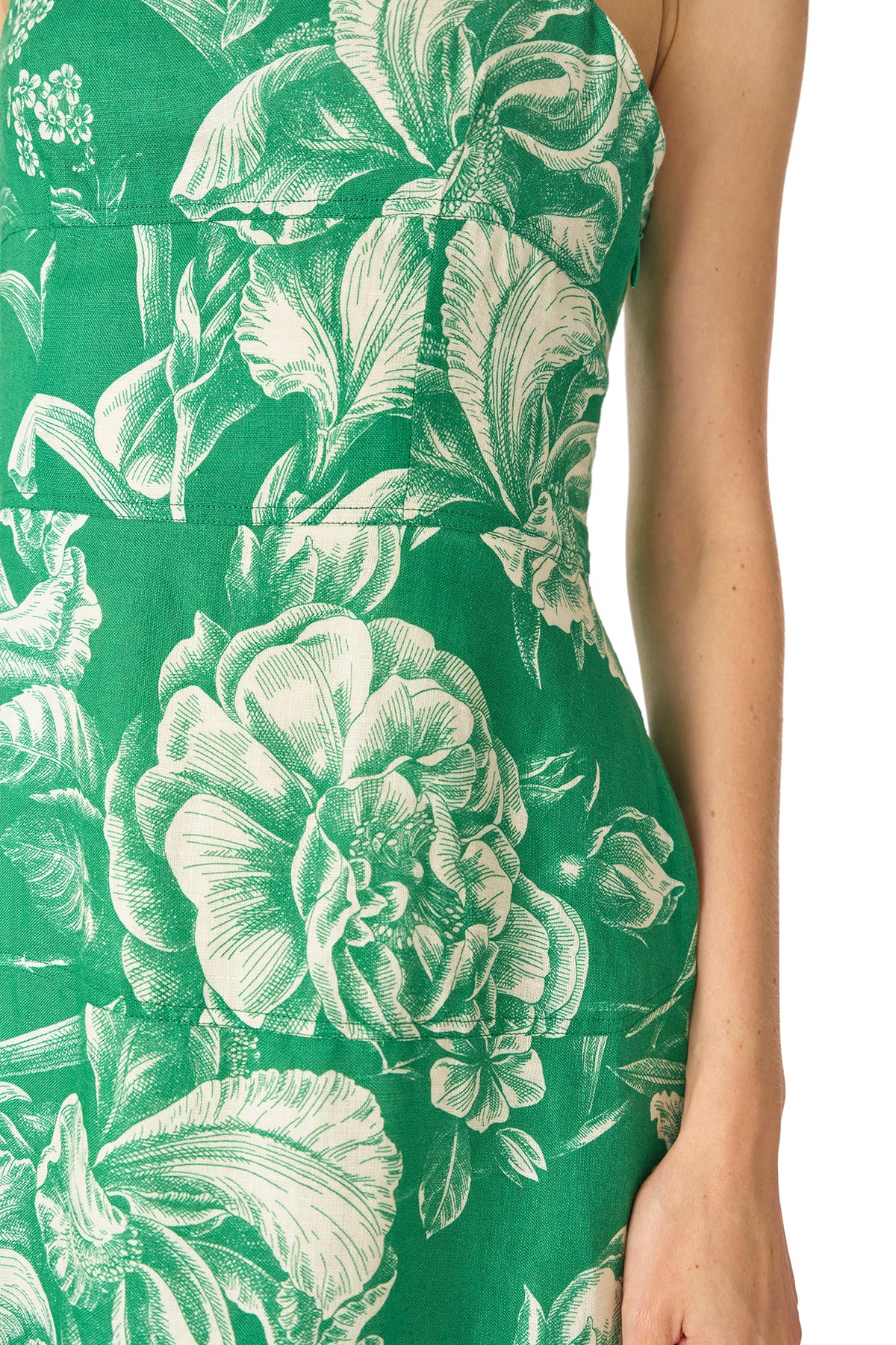 Monique Lhuillier Spring 2025 Grass & silk white floral toile printed linen tailored day dress with spaghetti straps - fabric.