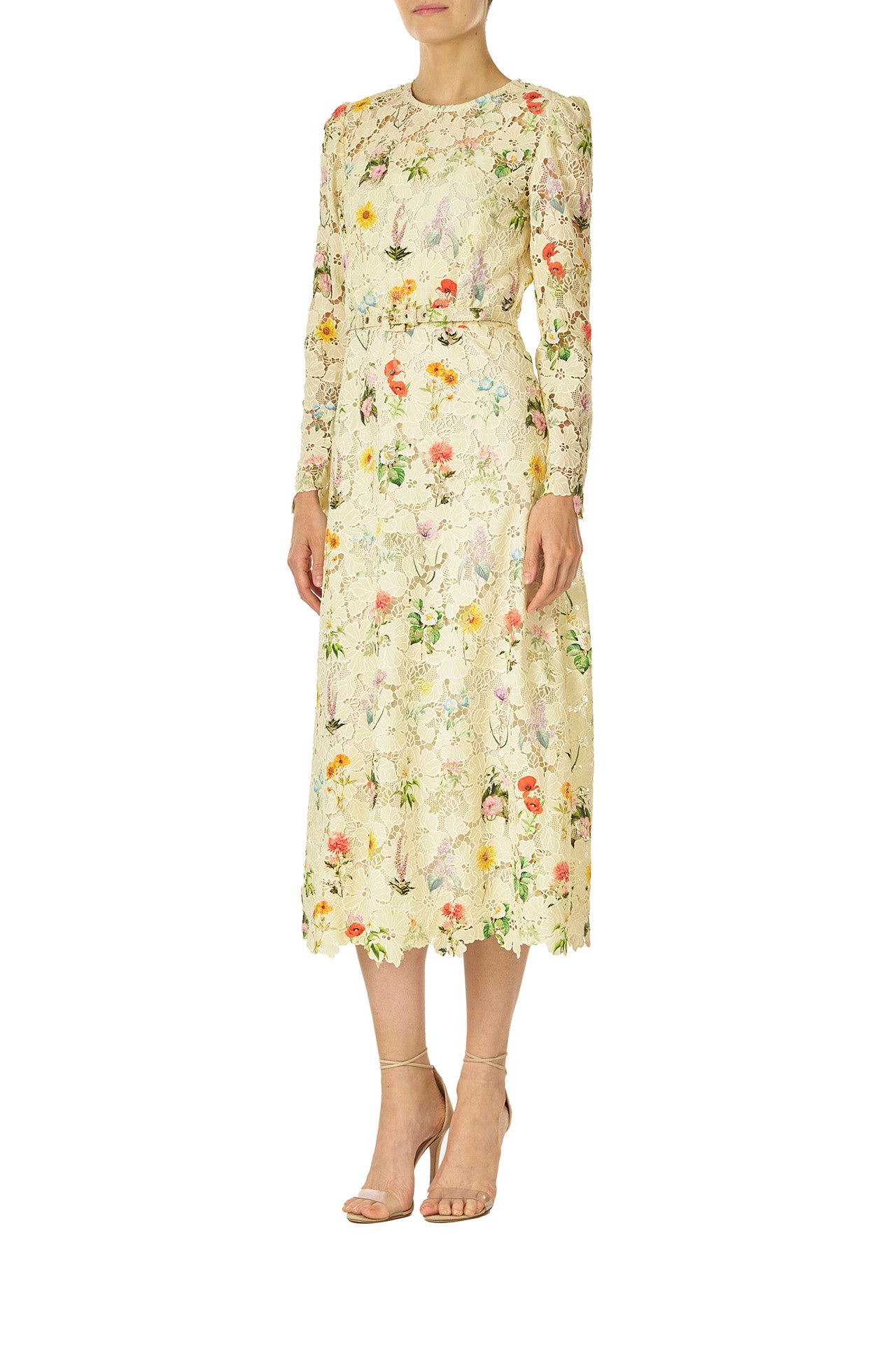 Monique Lhuillier Spring 2025 Long sleeve midi dress with jewel neckline and self-fabric belt at waist in Limoncello /Multi floral lace - left side.