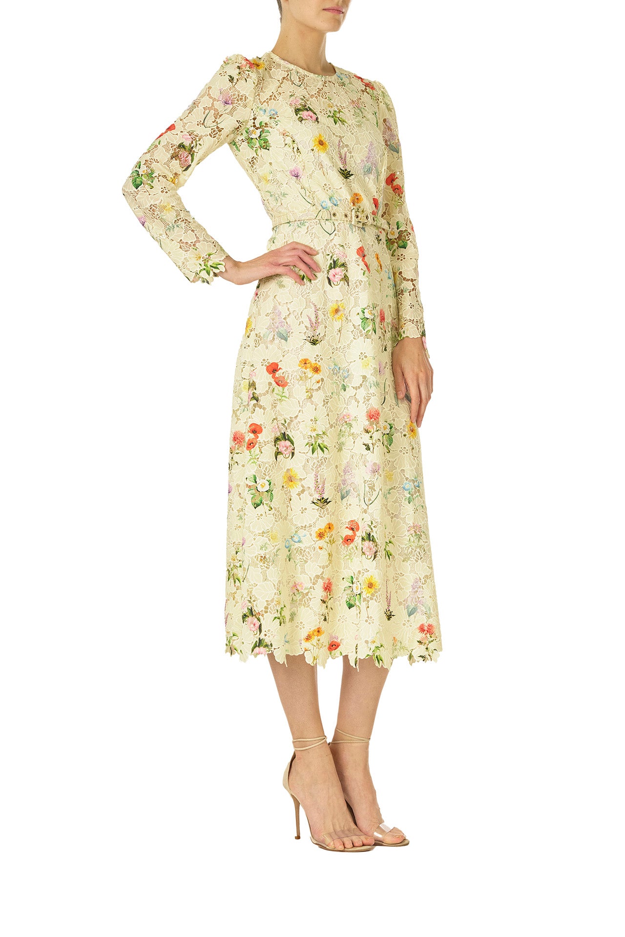Monique Lhuillier Spring 2025 Long sleeve midi dress with jewel neckline and self-fabric belt at waist in Limoncello /Multi floral lace - right side.