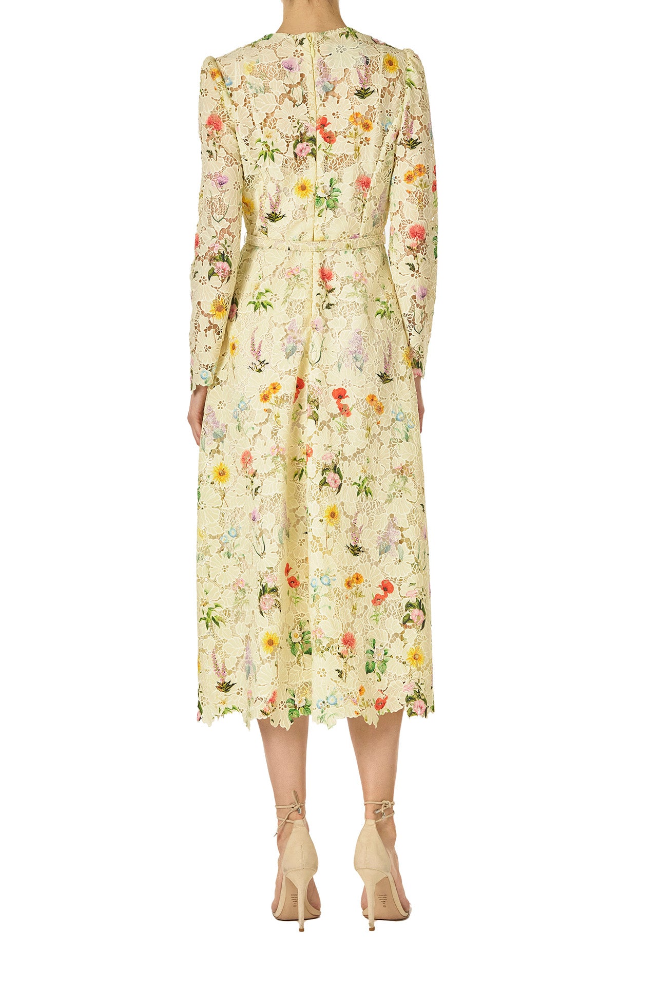 Monique Lhuillier Spring 2025 Long sleeve midi dress with jewel neckline and self-fabric belt at waist in Limoncello /Multi floral lace - back.