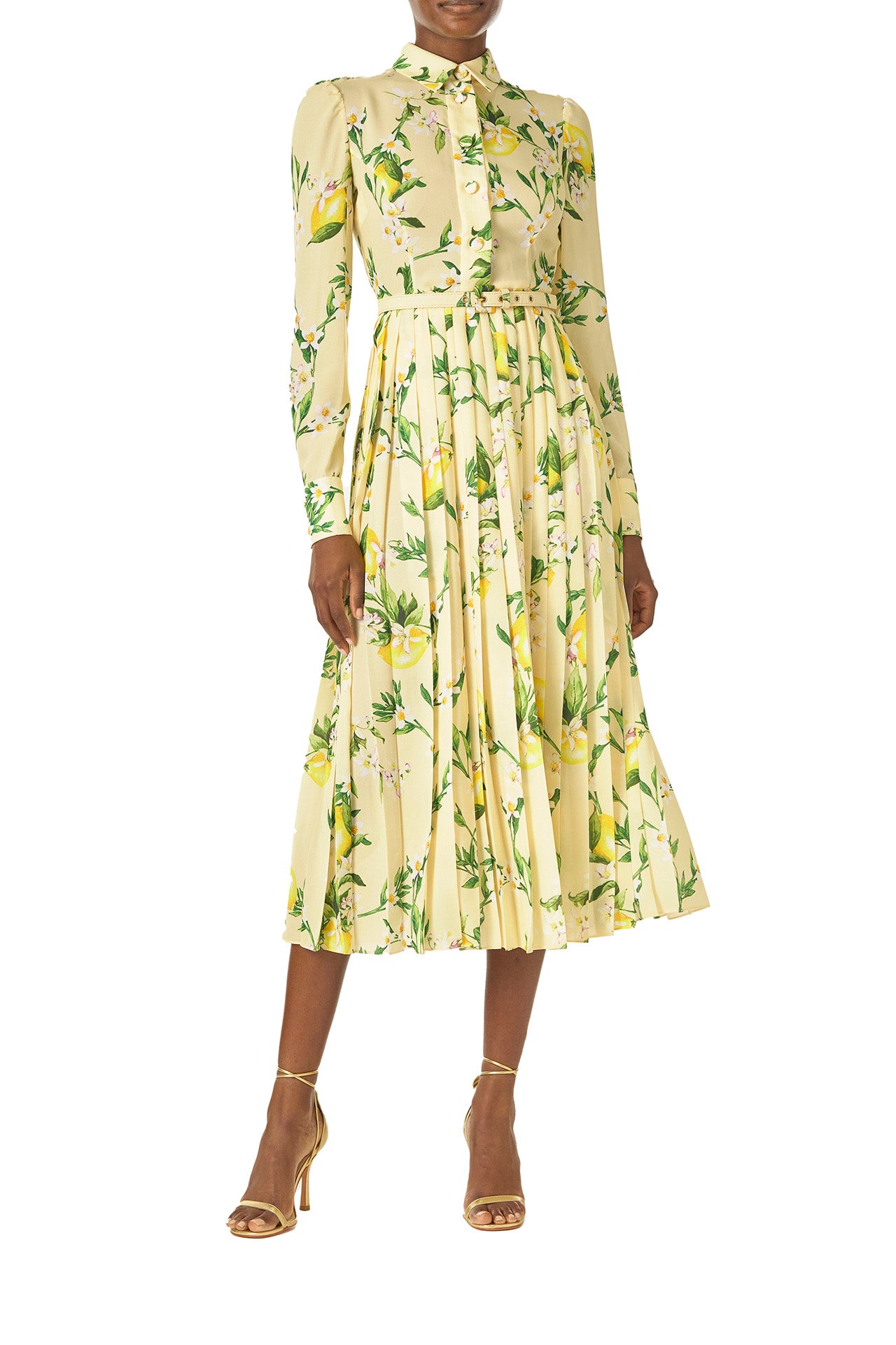 Monique Lhuillier Spring 2025 long sleeve pleated button-down dress with belt at waist in lemon printed georgette fabric - front.