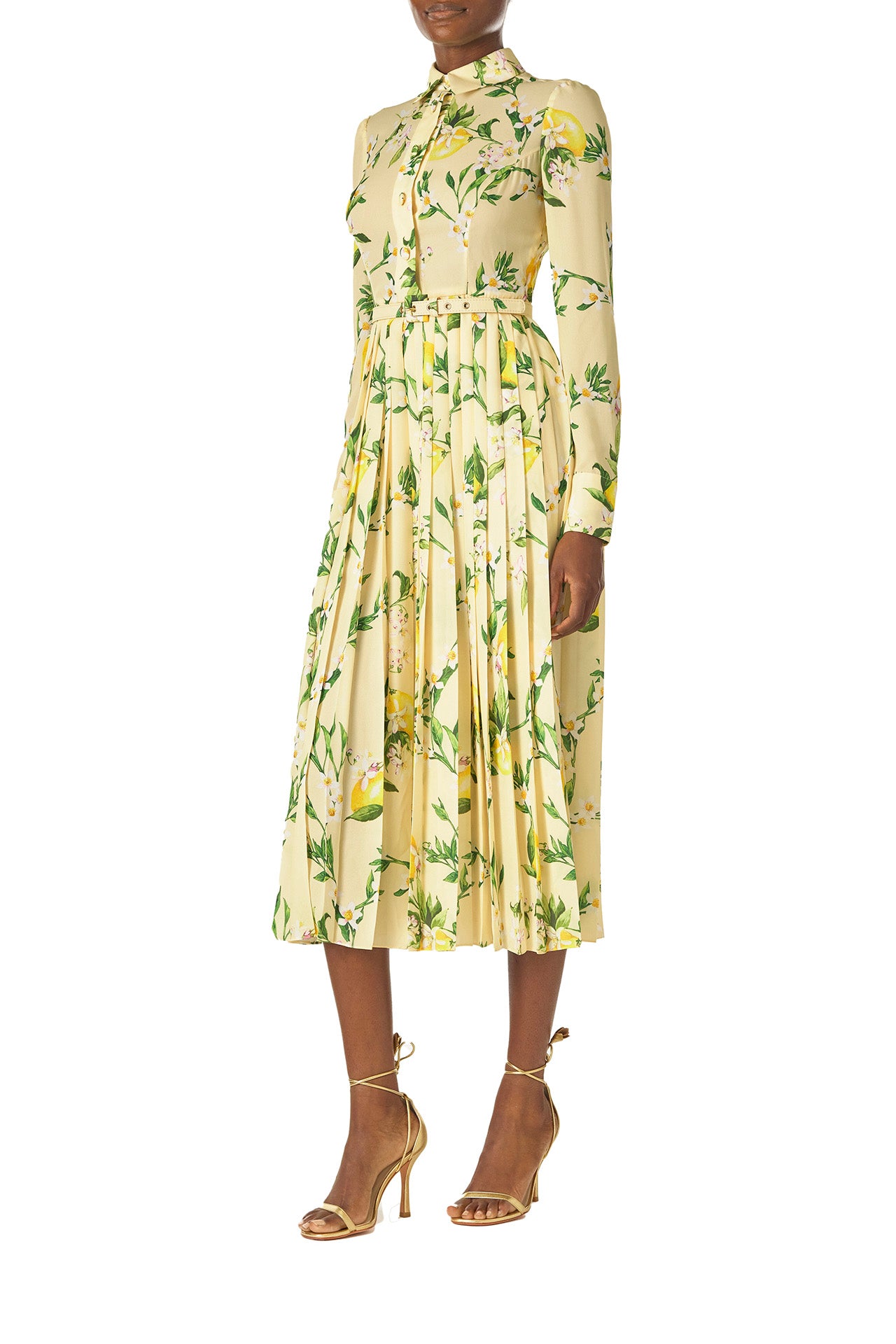 Monique Lhuillier Spring 2025 long sleeve pleated button-down dress with belt at waist in lemon printed georgette fabric - left side.