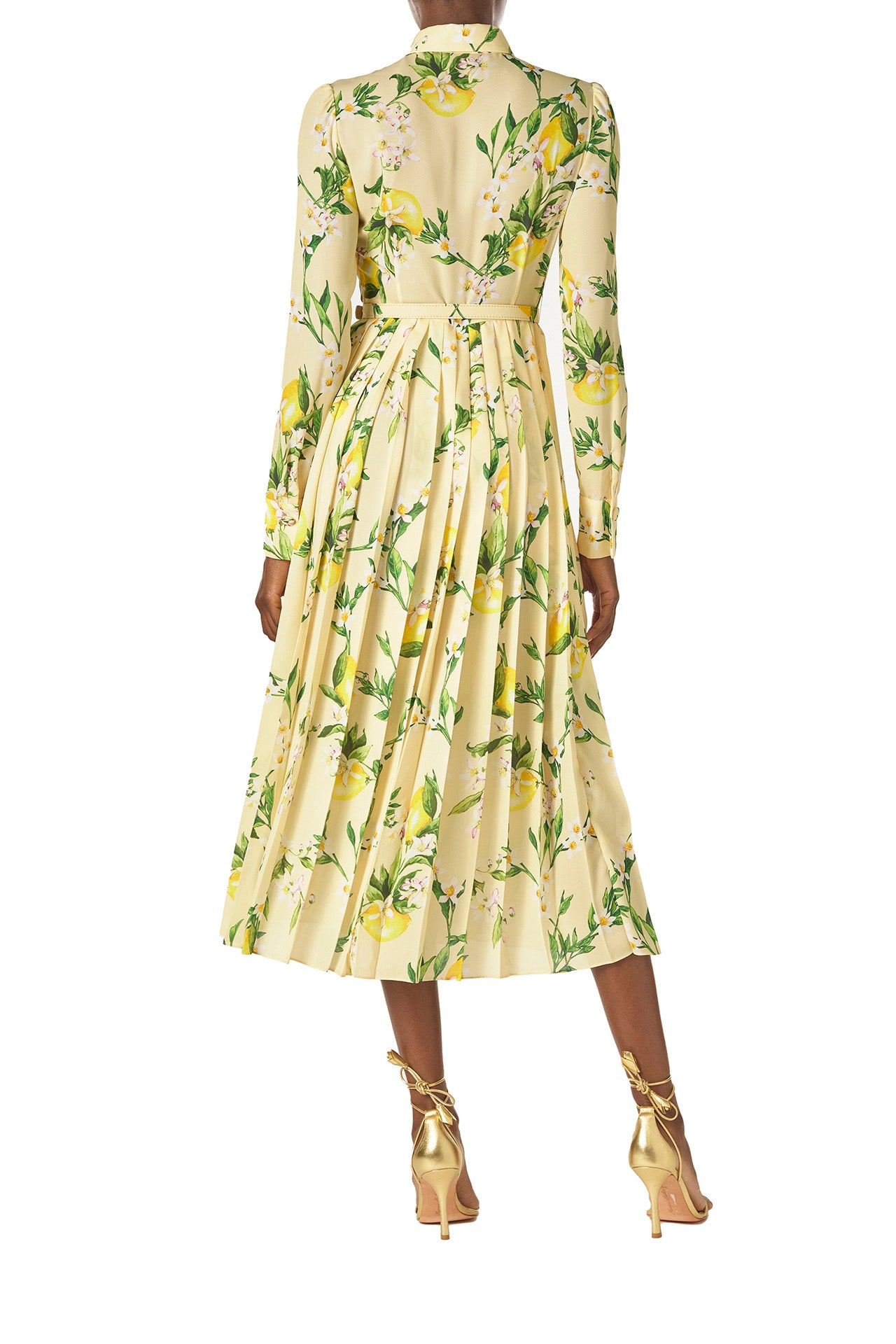 Monique Lhuillier Spring 2025 long sleeve pleated button-down dress with belt at waist in lemon printed georgette fabric - back.