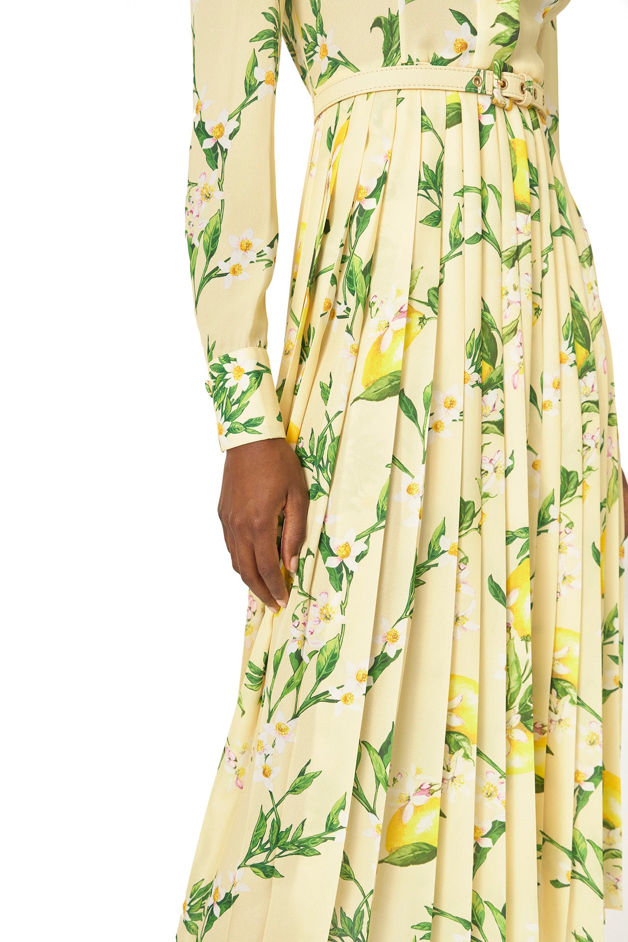 Monique Lhuillier Spring 2025 long sleeve pleated button-down dress with belt at waist in lemon printed georgette fabric - pleated skirt.