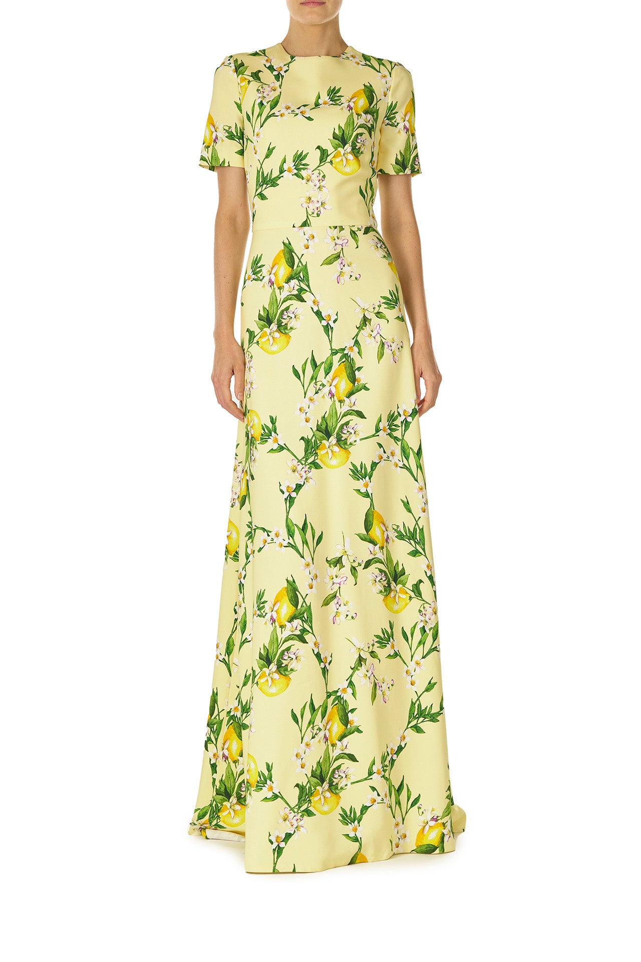 Monique Lhuillier Spring 2025 Short sleeve, floor length gown with jewel neckline in Lemon printed Crepe fabric - front.