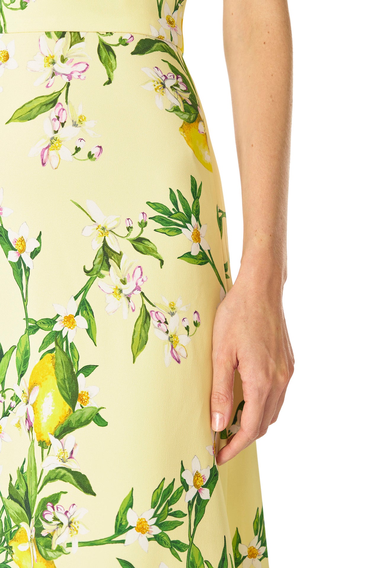 Monique Lhuillier Spring 2025 Short sleeve, floor length gown with jewel neckline in Lemon printed Crepe fabric - fabric detail.
