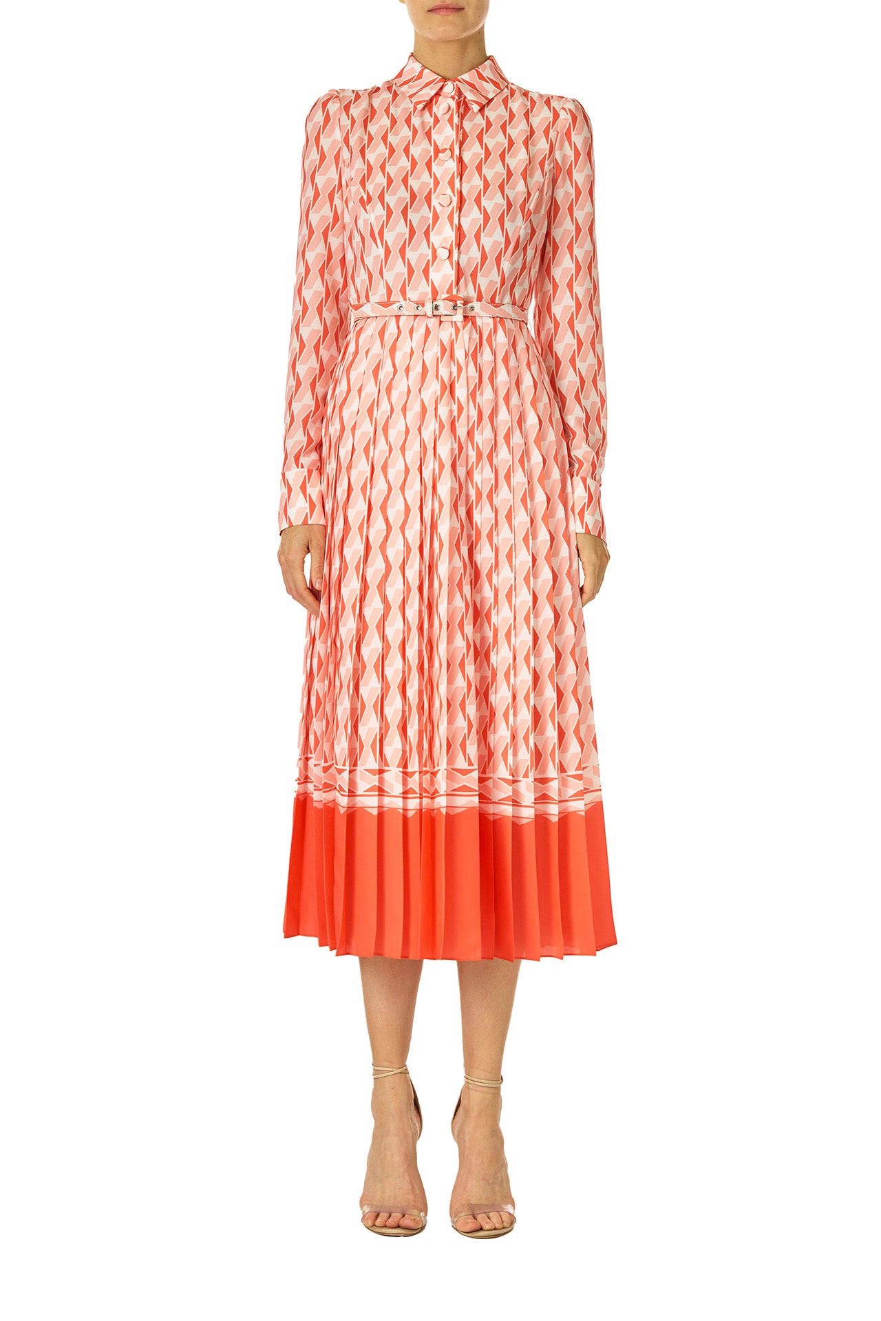 Monique Lhuillier Spring 2025 Long sleeve pleated button-down midi dress with collared neckline and belt at waist in Rosette colored Geo printed georgette fabric - front.