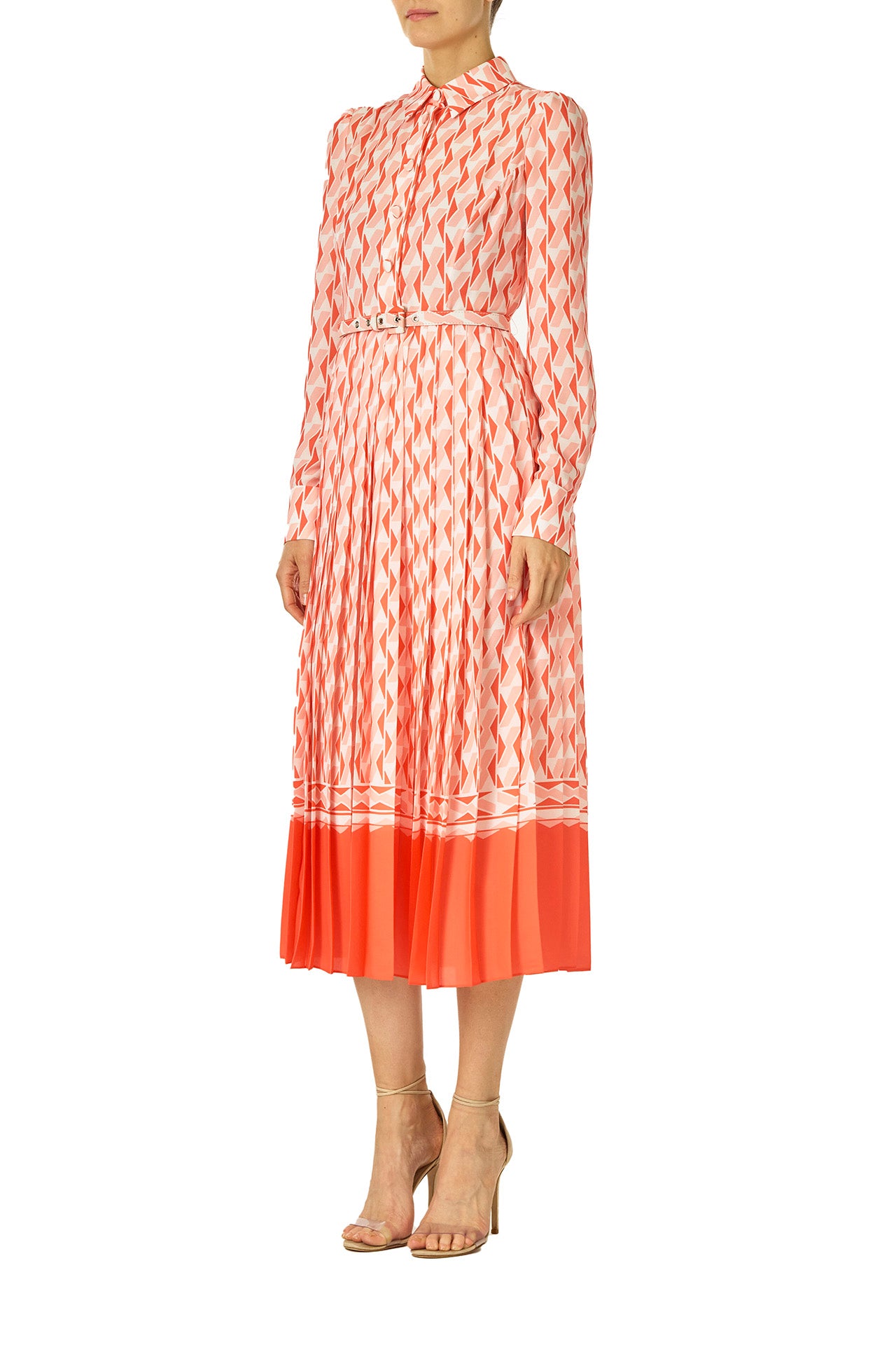 Monique Lhuillier Spring 2025 Long sleeve pleated button-down midi dress with collared neckline and belt at waist in Rosette colored Geo printed georgette fabric - right side.