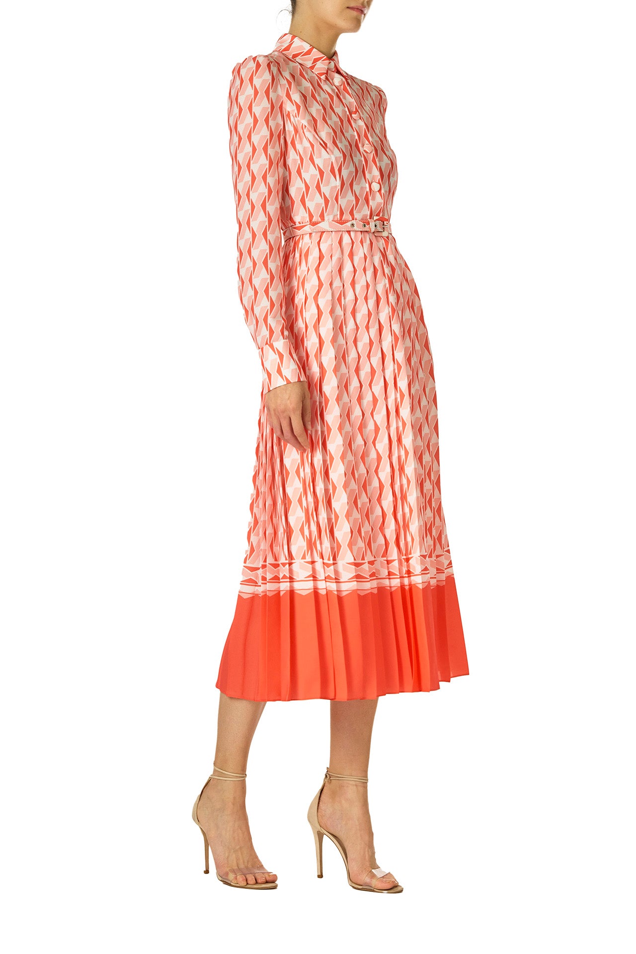 Monique Lhuillier Spring 2025 Long sleeve pleated button-down midi dress with collared neckline and belt at waist in Rosette colored Geo printed georgette fabric - left side.