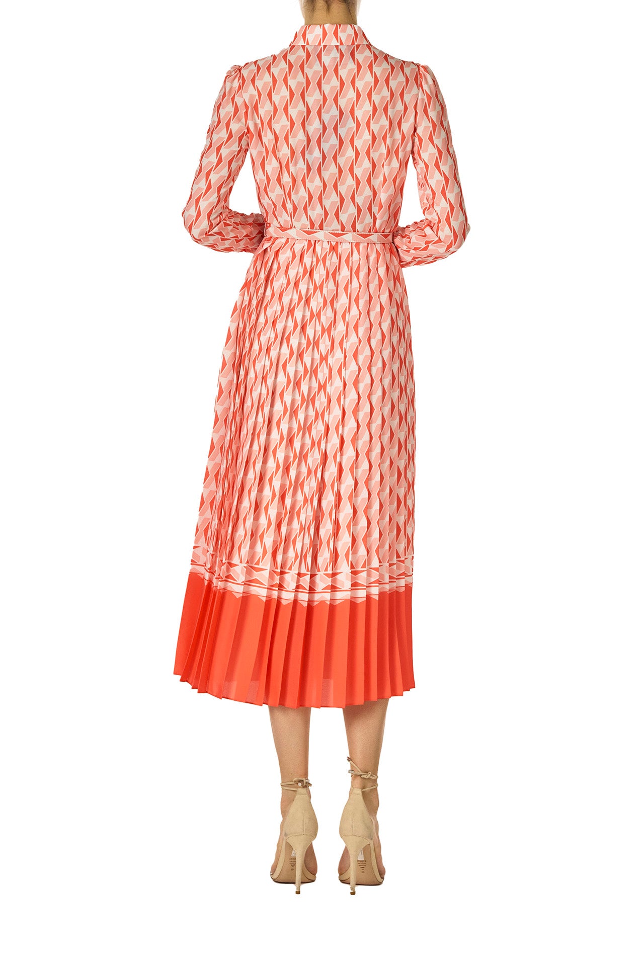 Monique Lhuillier Spring 2025 Long sleeve pleated button-down midi dress with collared neckline and belt at waist in Rosette colored Geo printed georgette fabric - back.