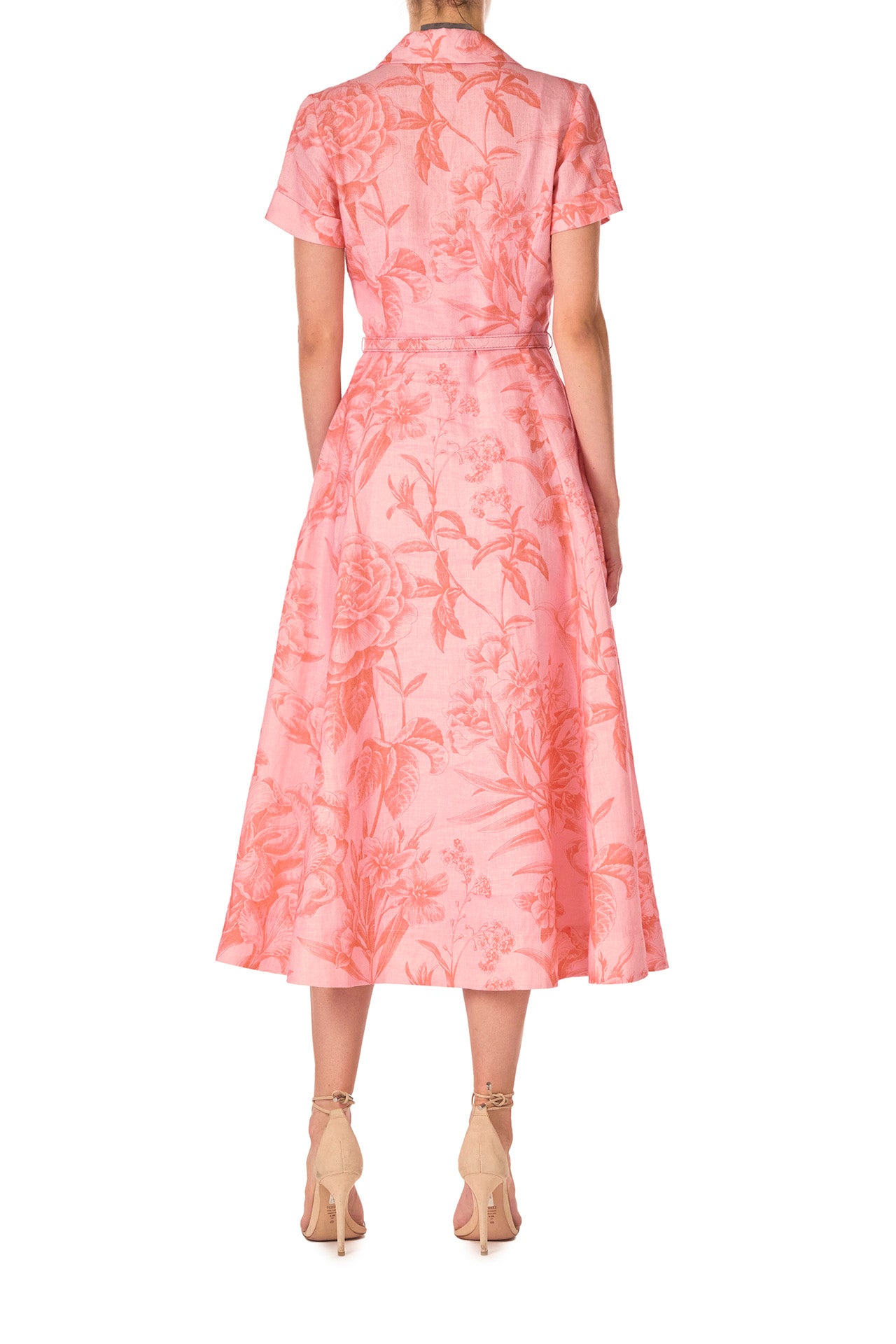 Monique Lhuillier Spring 2025 Floral printed linen dress with a-line skirt, short sleeves and pockets in Rosette Coral - back.