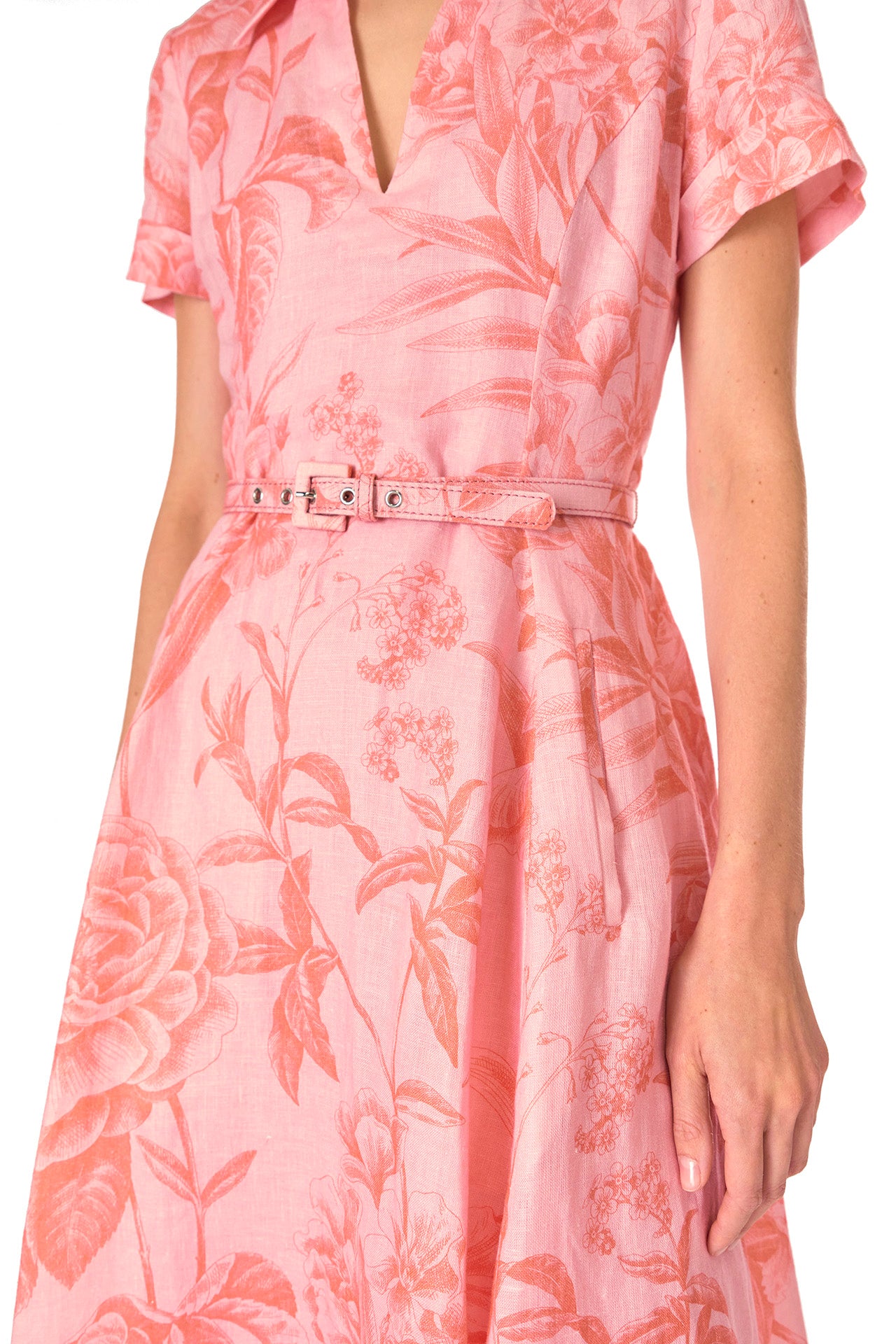 Monique Lhuillier Spring 2025 Floral printed linen dress with a-line skirt, short sleeves and pockets in Rosette Coral - fabric.