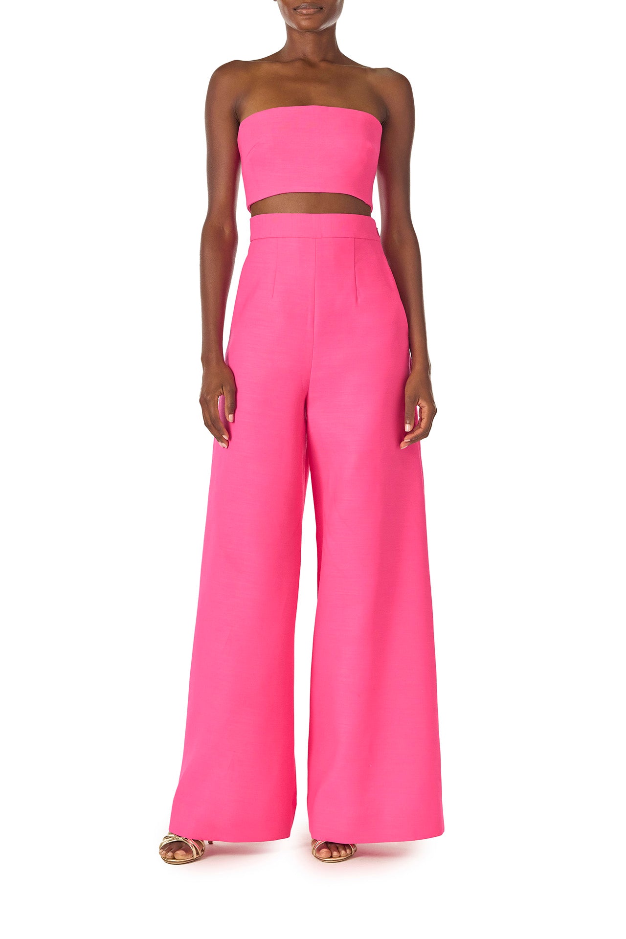 Monique Lhuillier Spring 2025 strapless bandeau in hibiscus wool-silk suiting fabric - front with palazzo trousers.