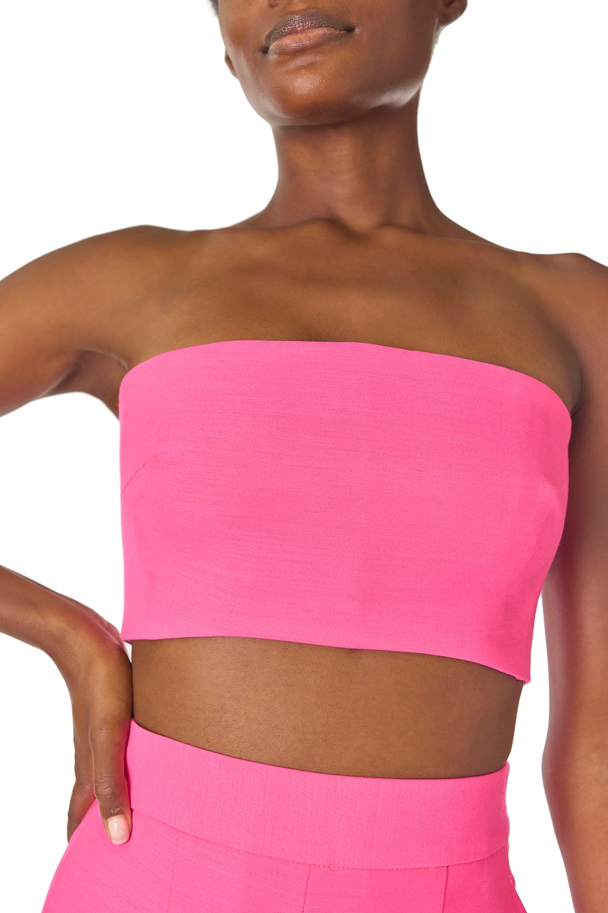 Monique Lhuillier Spring 2025 strapless bandeau in hibiscus wool-silk suiting fabric - front.