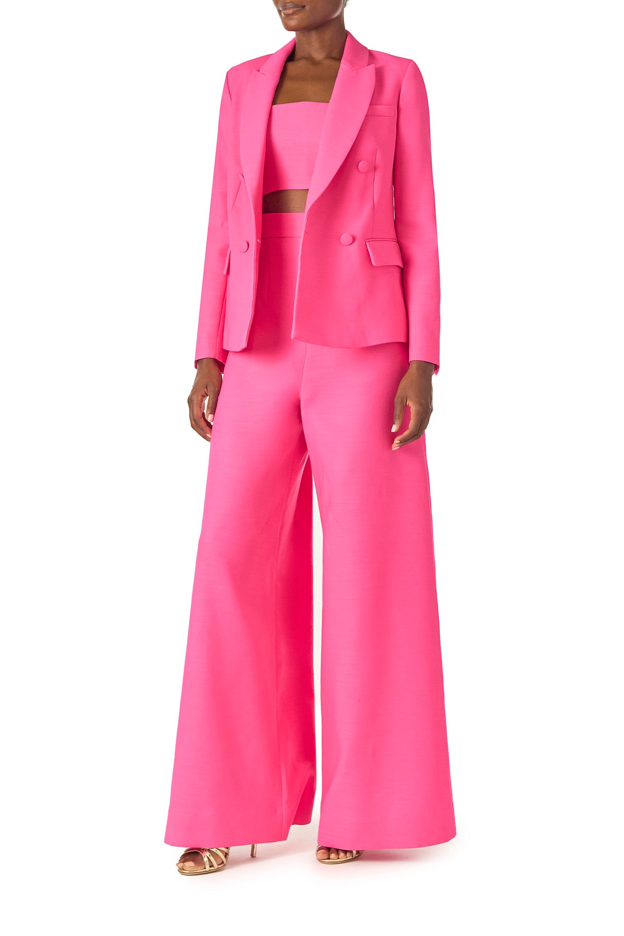 Monique Lhuillier Spring 2025 palazzo trouser in hibiscus wool-silk suiting - front with jacket.