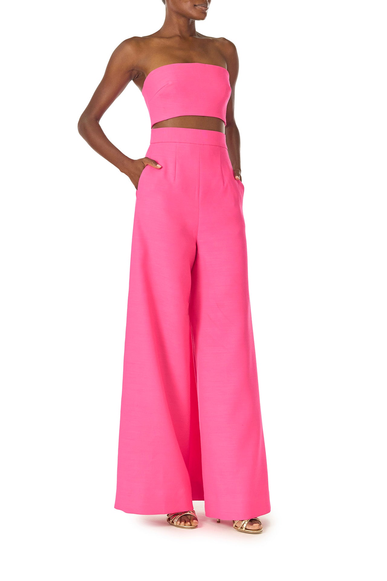 Monique Lhuillier Spring 2025 palazzo trouser in hibiscus wool-silk suiting - side.