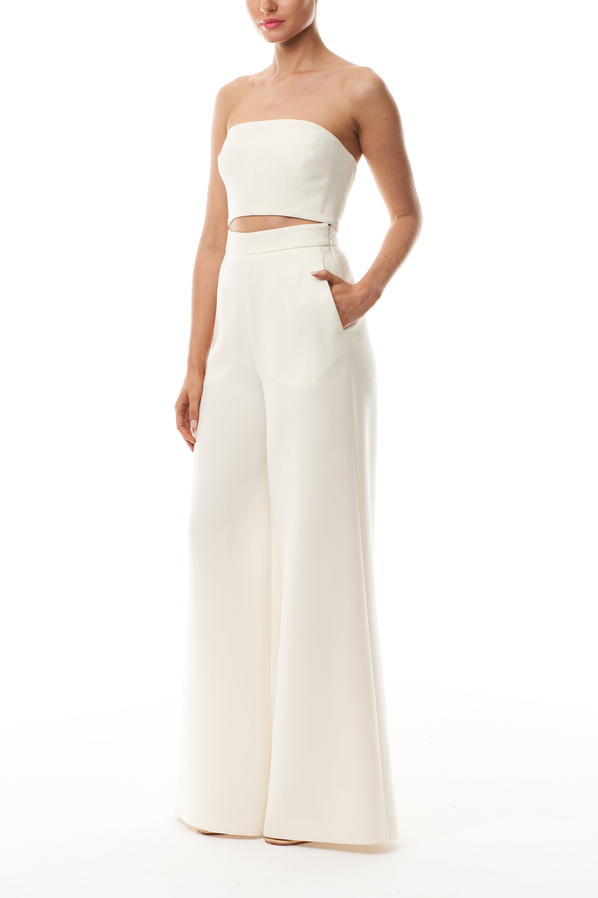Monique Lhuillier Spring 2025 strapless bandeau in silk white wool suiting fabric - side.