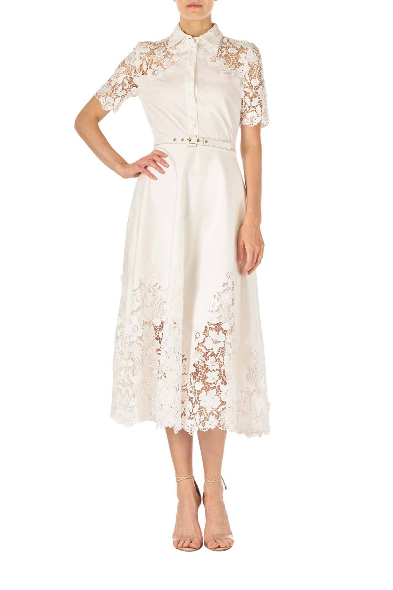Monique Lhuillier Spring 2025 white cotton poplin dress with lace applique inserts, short sleeves, button down front bodice and belted waist - front.