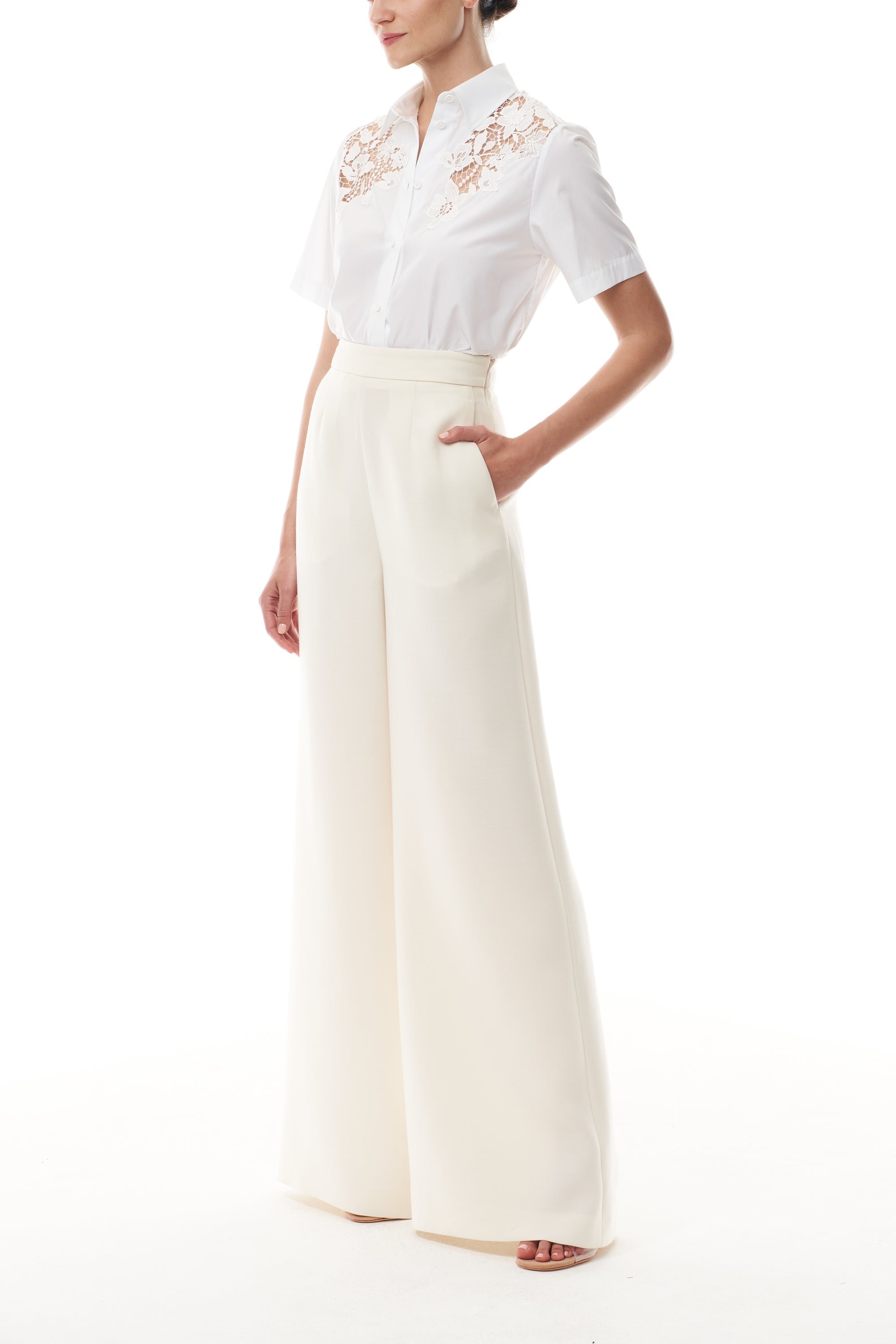 Collared, button-front short sleeve shirt in silk white poplin fabric with lace detailing at shoulders and back - side.