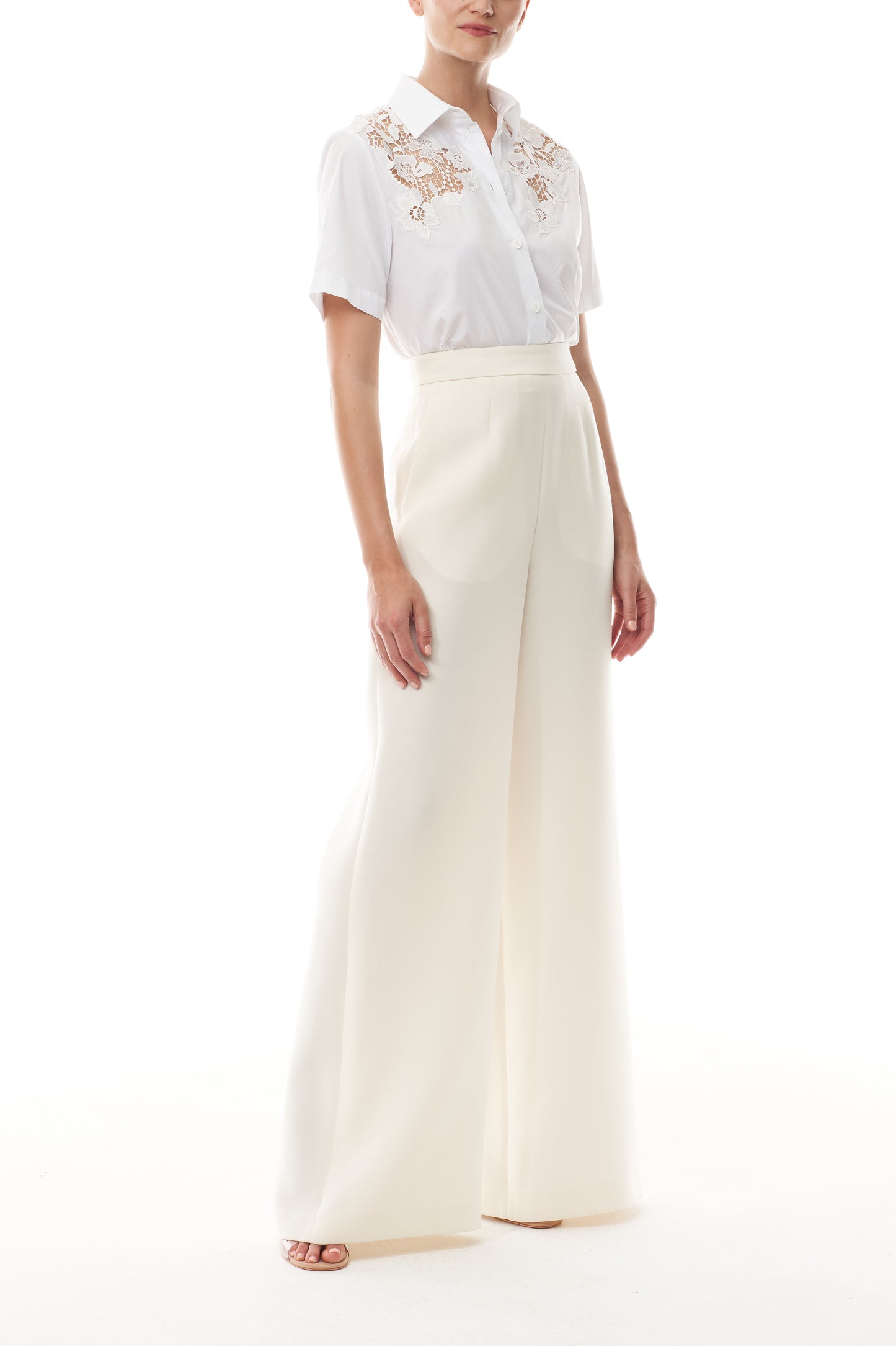 Collared, button-front short sleeve shirt in silk white poplin fabric with lace detailing at shoulders and back - side.