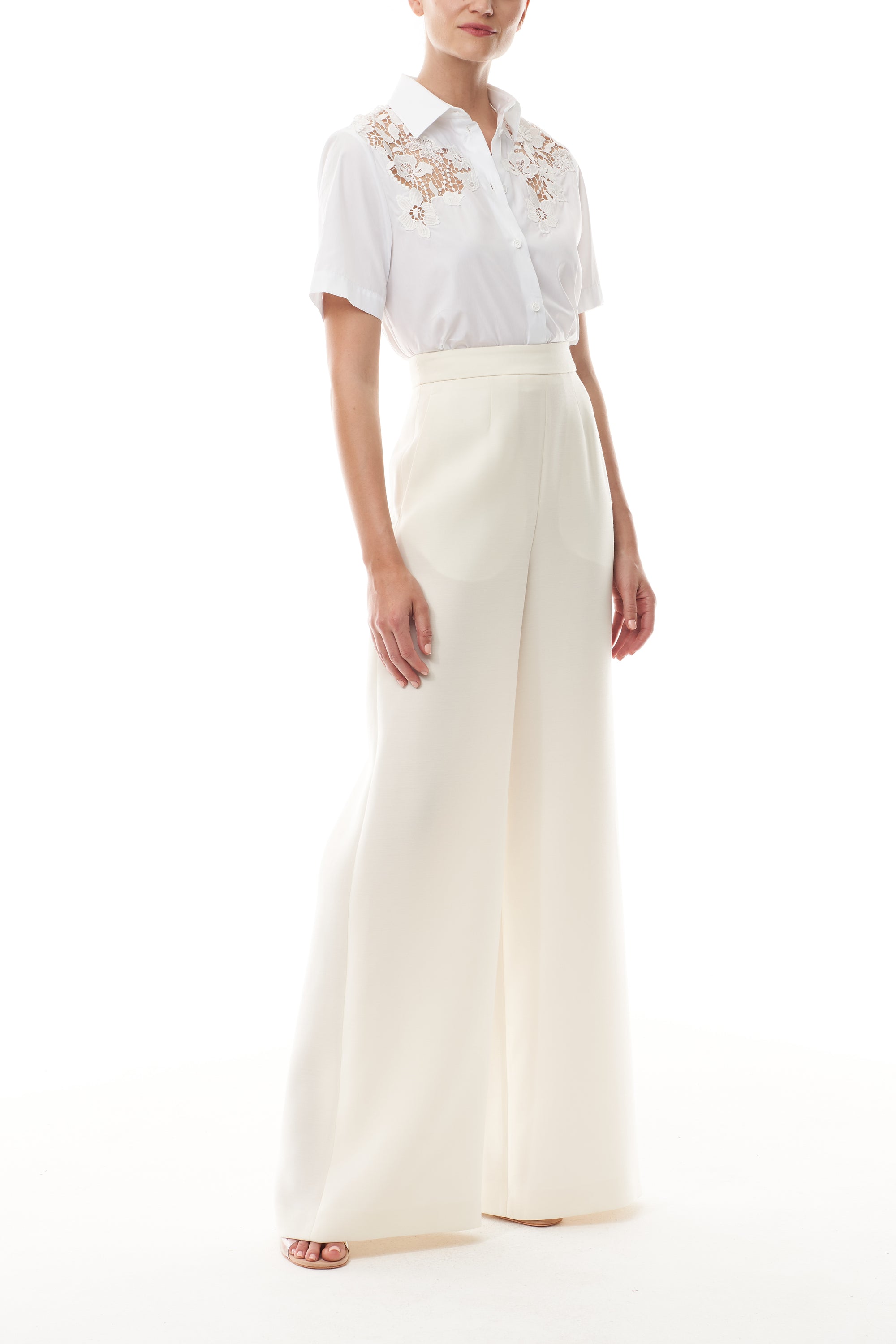 Collared, button-front short sleeve shirt in silk white poplin fabric with lace detailing at shoulders and back - side.