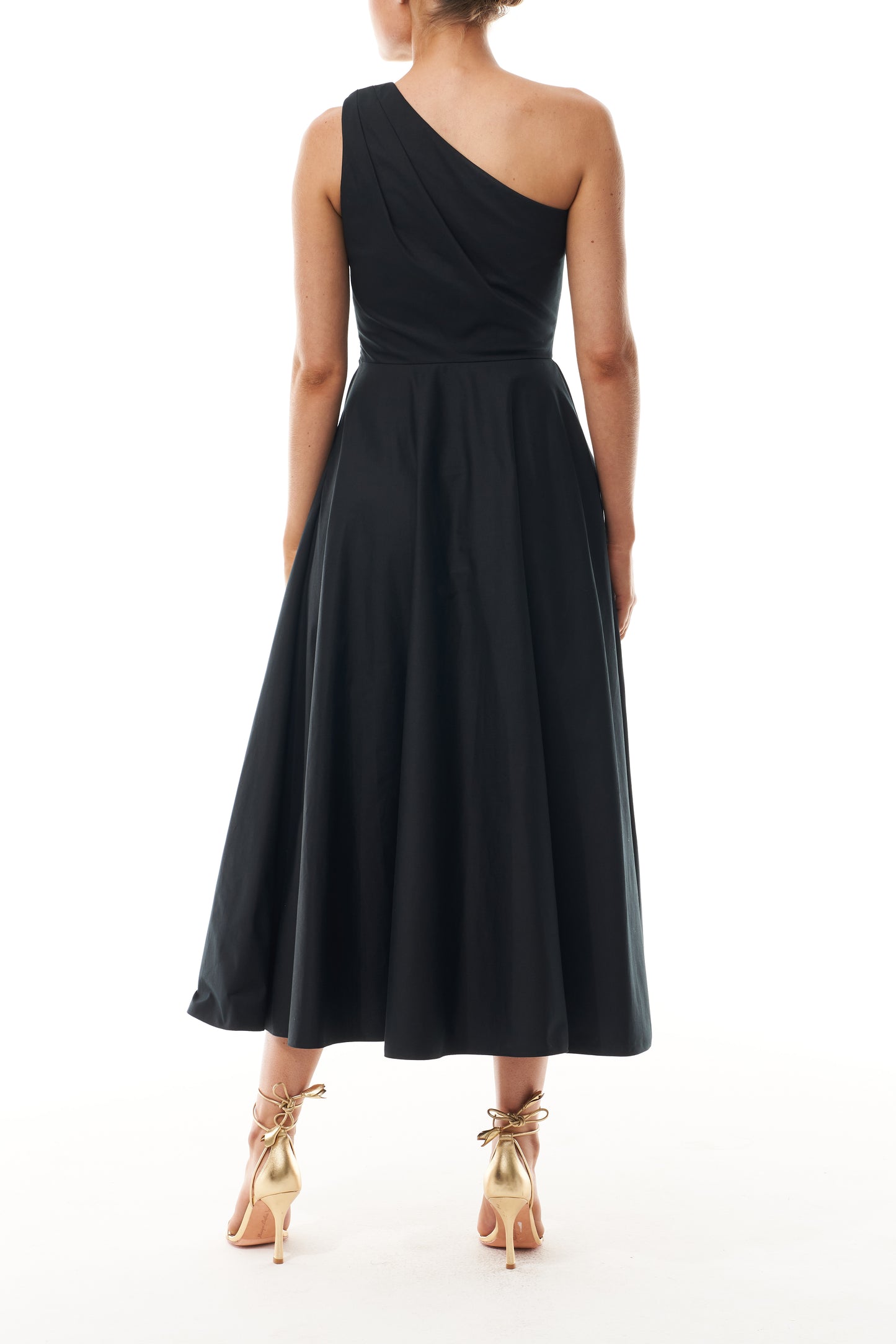 Monique Lhuillier Fall 2025 Noir cotton poplin one shoulder draped day dress - back.