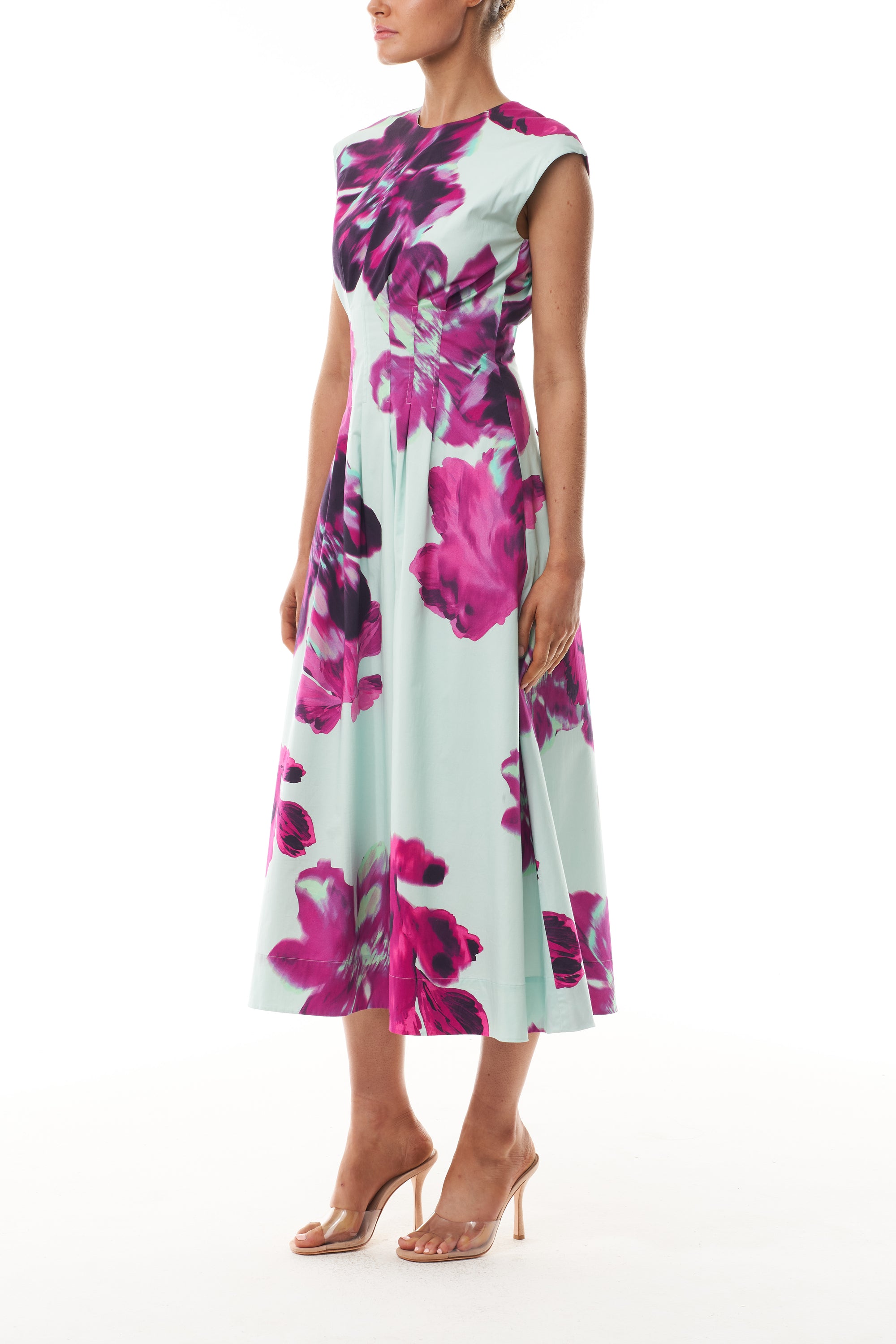 Monique Lhuillier Fall 2025 Lagoon Multi Electric Floral Printed Poplin sleeveless pleated day dress- side.