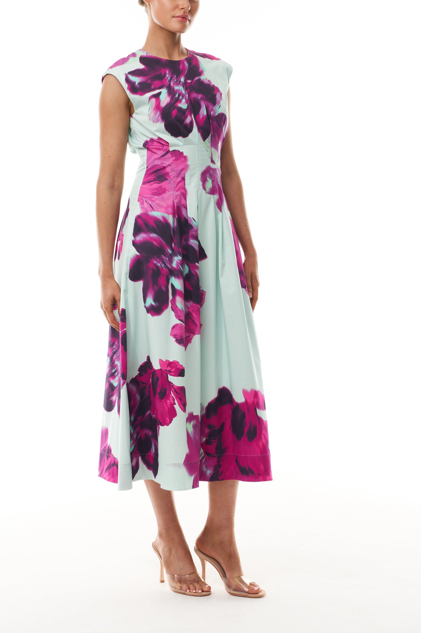 Monique Lhuillier Fall 2025 Lagoon Multi Electric Floral Printed Poplin sleeveless pleated day dress- side.