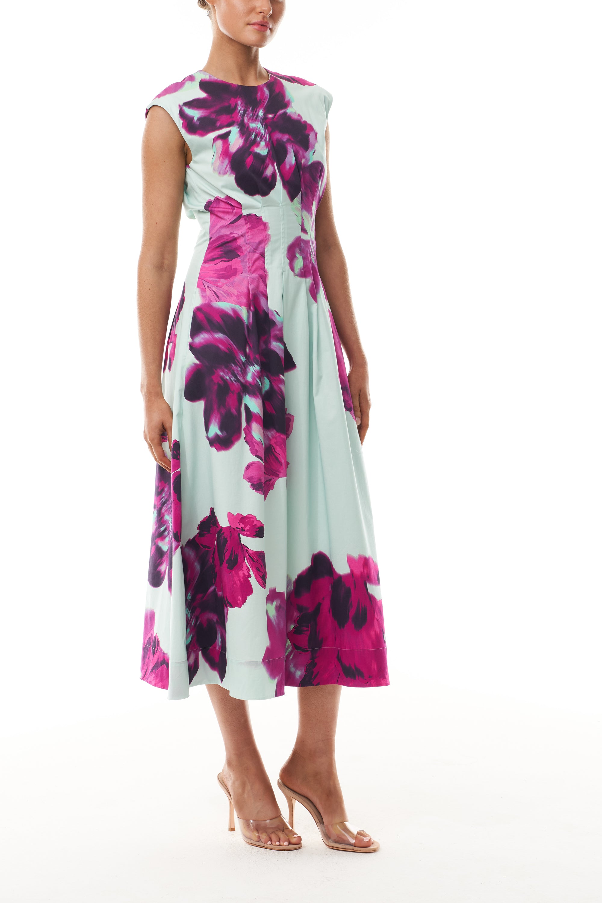 Monique Lhuillier Fall 2025 Lagoon Multi Electric Floral Printed Poplin sleeveless pleated day dress- side.