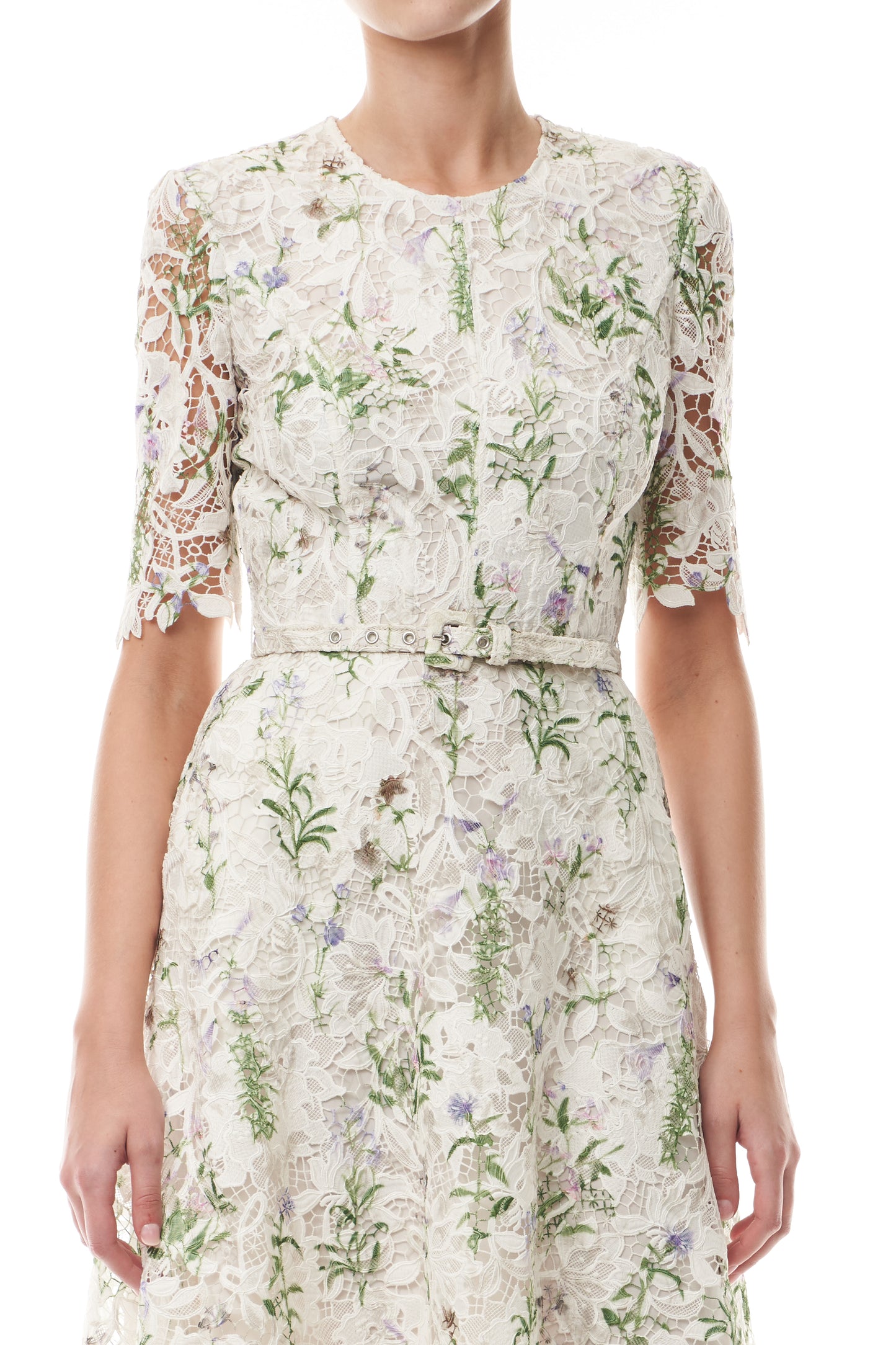 Monique Lhuillier Fall 2025 Floral Multi pressed floral printed lace short sleeve day dress with belt - fabric.