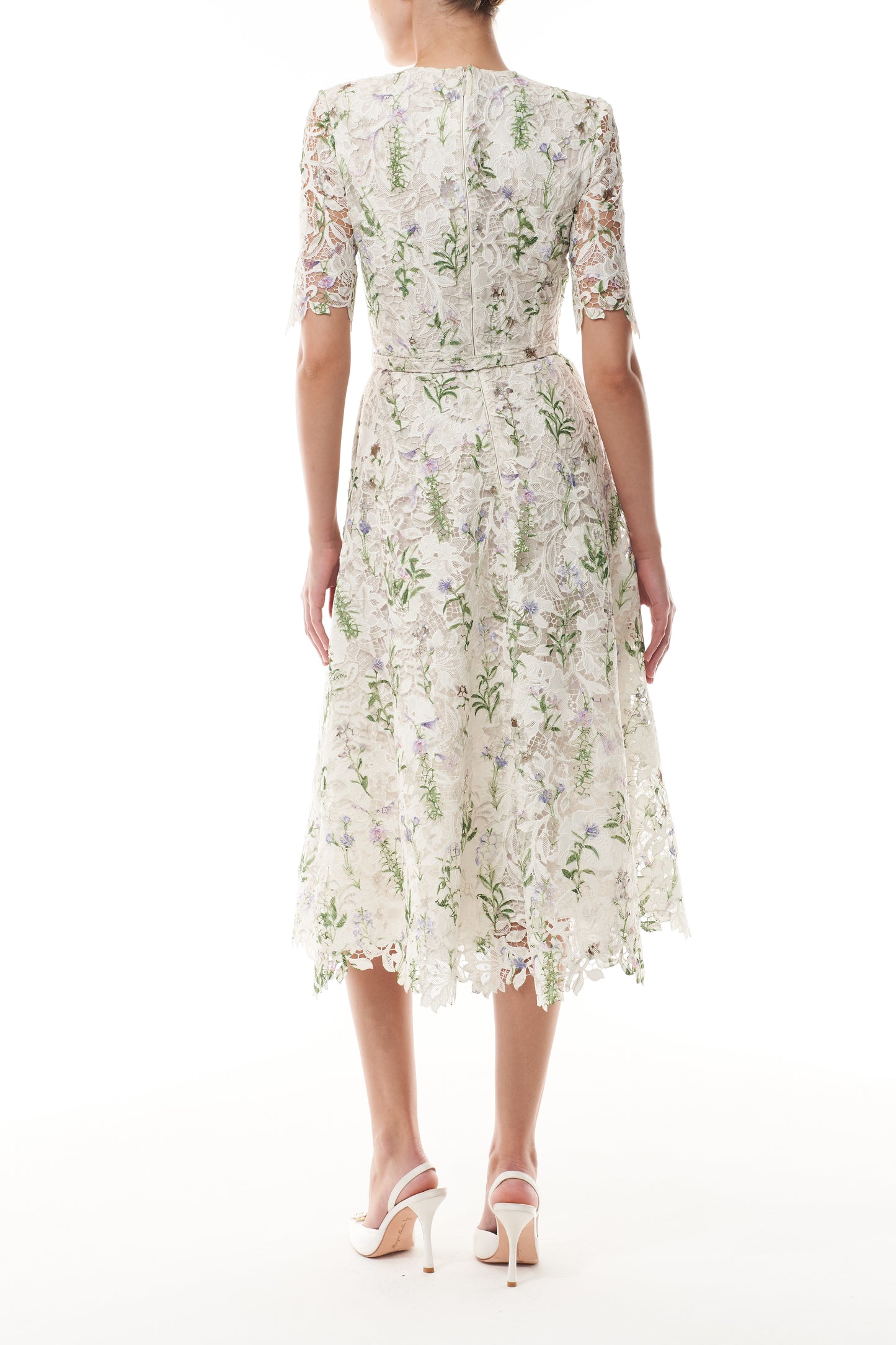 Monique Lhuillier Fall 2025 Floral Multi pressed floral printed lace short sleeve day dress with belt -  back.