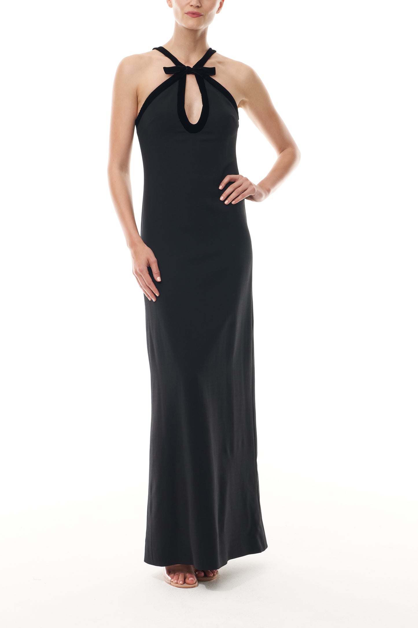 Monique Lhuillier Fall 2025 Noir Key-hole halter gown with velvet trim in Lightweight Silk Wool Suiting - front.