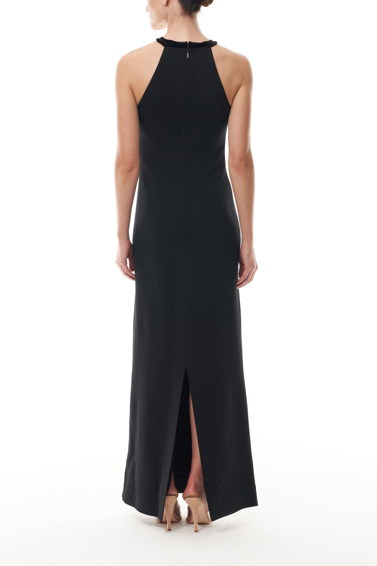 Monique Lhuillier Fall 2025 Noir Key-hole halter gown with velvet trim in Lightweight Silk Wool Suiting - back.