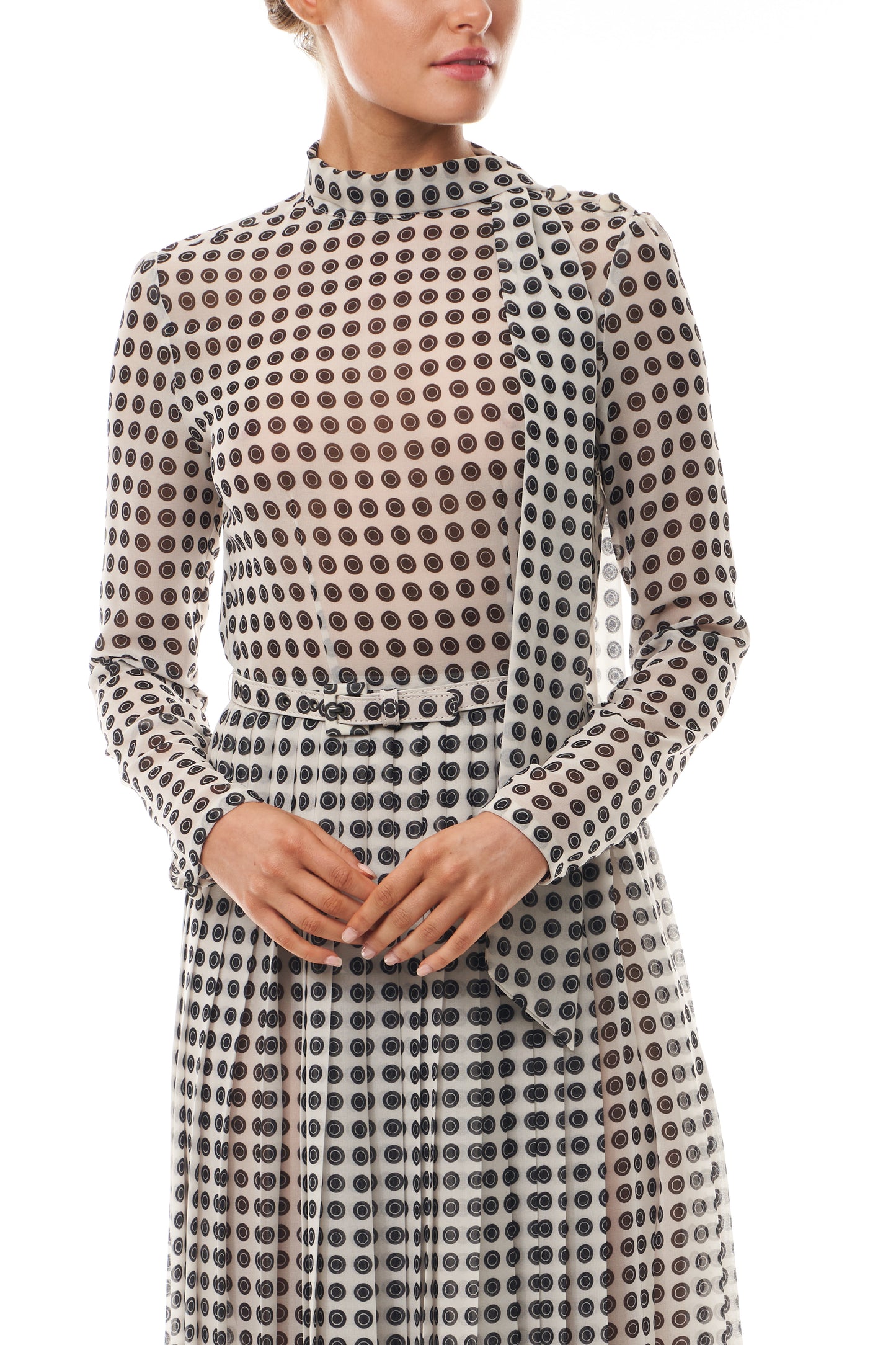 Monique Lhuillier Fall 2025 Ivory/Multi Geometric Printed Georgette Scarf neck pleated day dress- fabric.