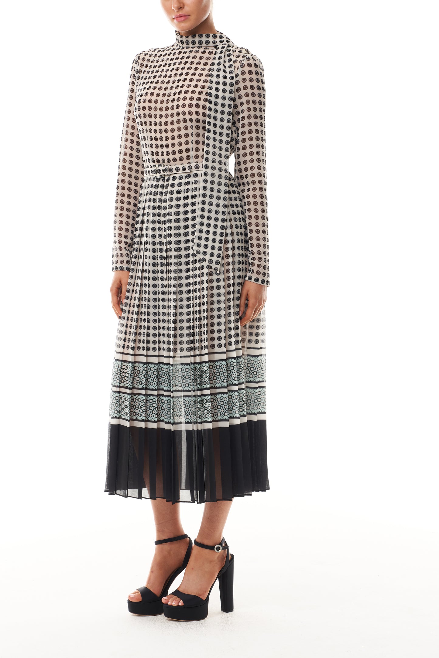 Monique Lhuillier Fall 2025 Ivory/Multi Geometric Printed Georgette Scarf neck pleated day dress- side.