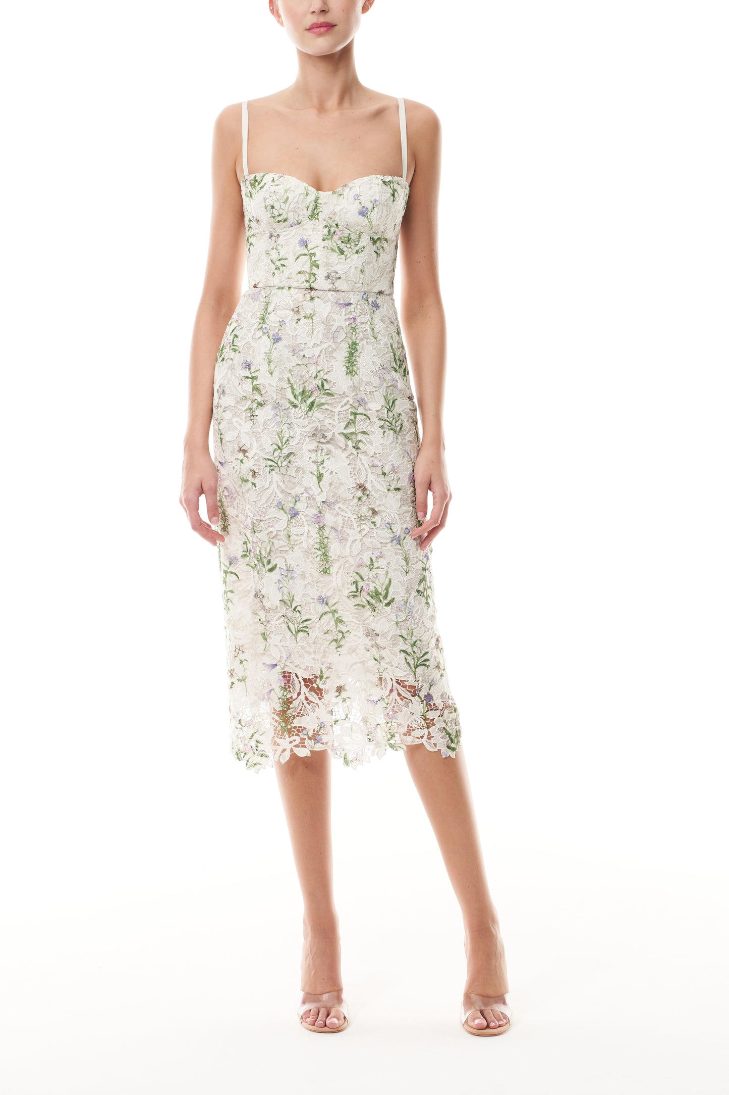 Monique Lhuillier Fall 2025 Corseted Floral Lace Dress in Pressed Floral Printed lace - front.