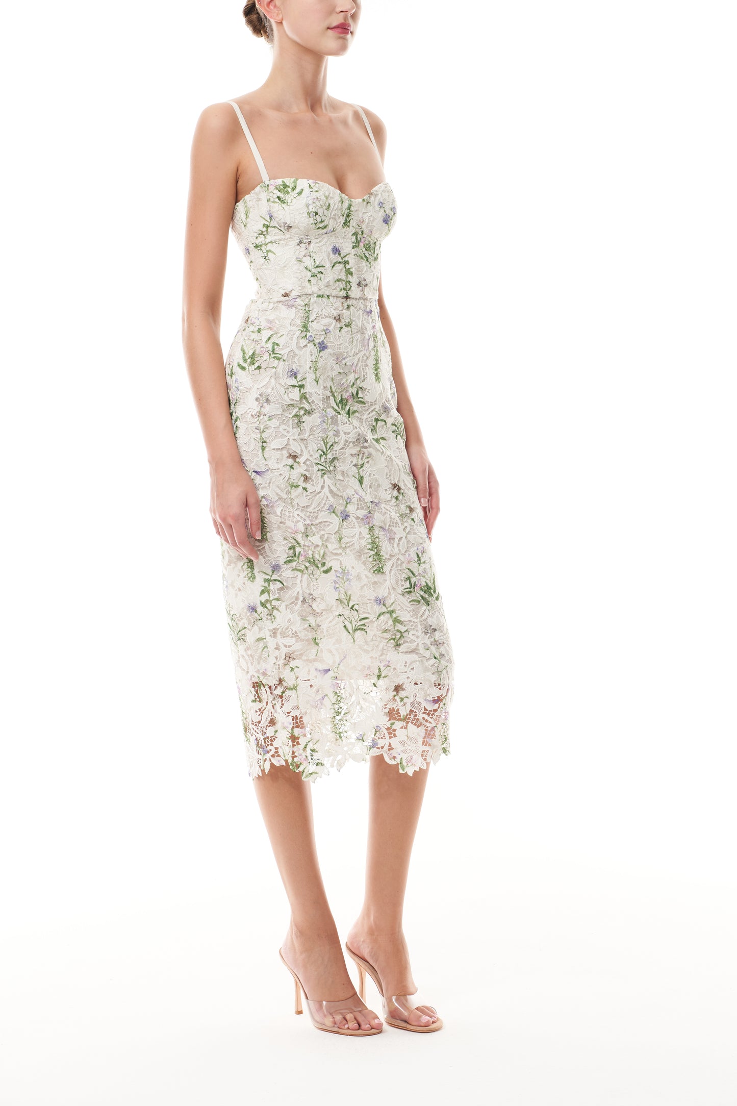 Monique Lhuillier Fall 2025 Corseted Floral Lace Dress in Pressed Floral Printed lace - side.